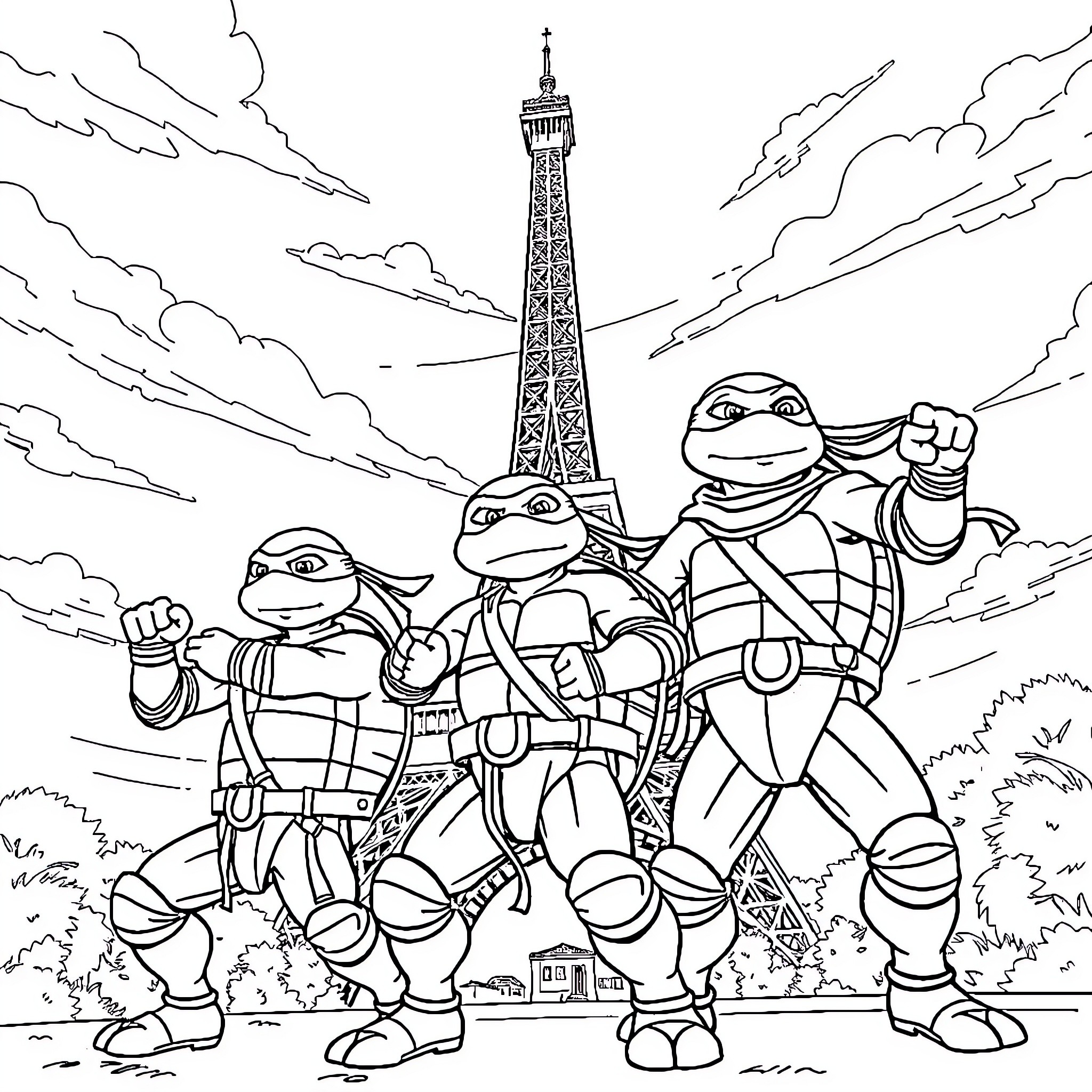 Ninja Turtles exploring the streets of Paris Coloring Page (free black-and-white line drawing printable PDF for all, from beginners to advanced learners, including children, teens, adults, and seniors)