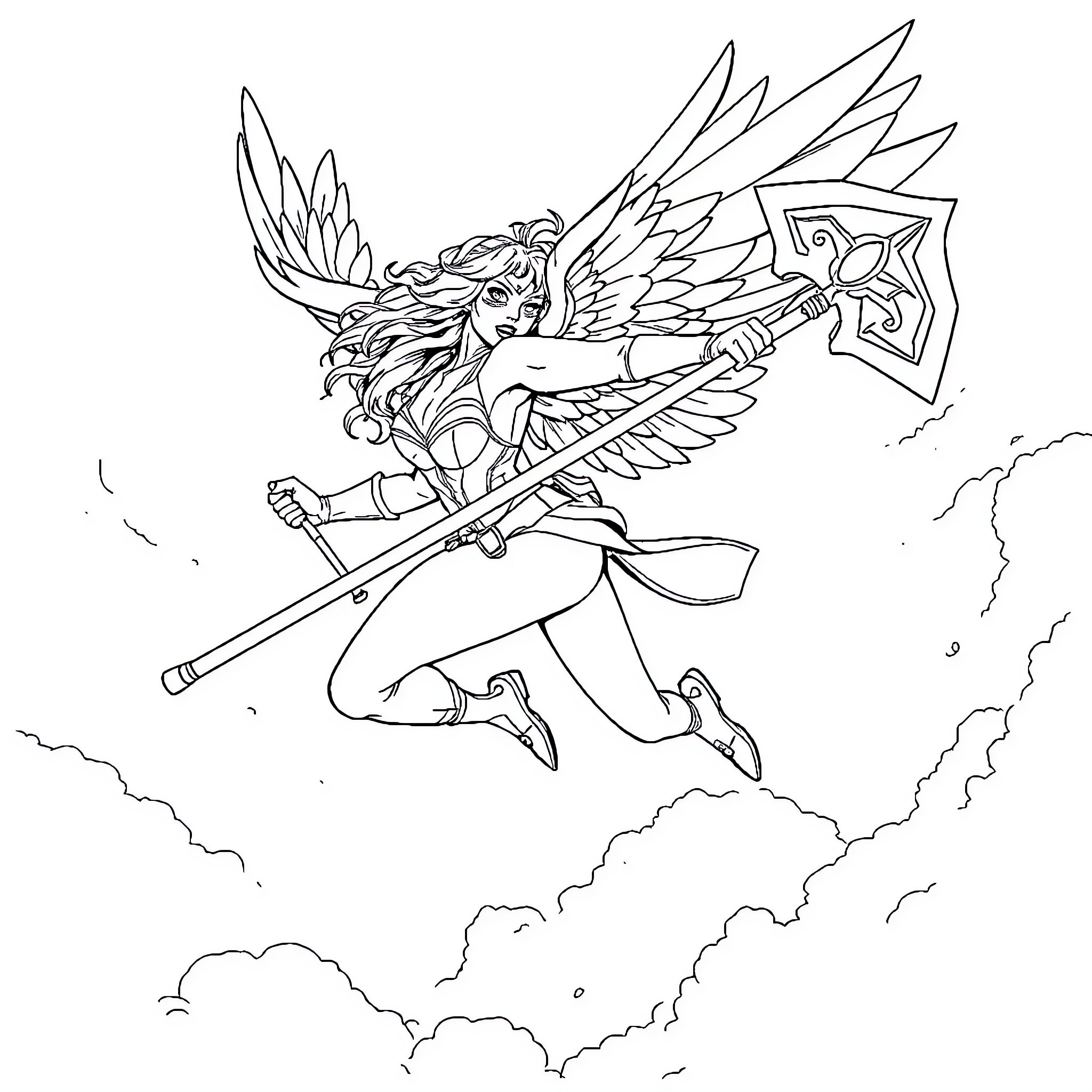 Hawkgirl soaring through the sky with her weapon Coloring Page (free black-and-white line drawing printable PDF for all, from beginners to advanced learners, including children, teens, adults, and seniors)