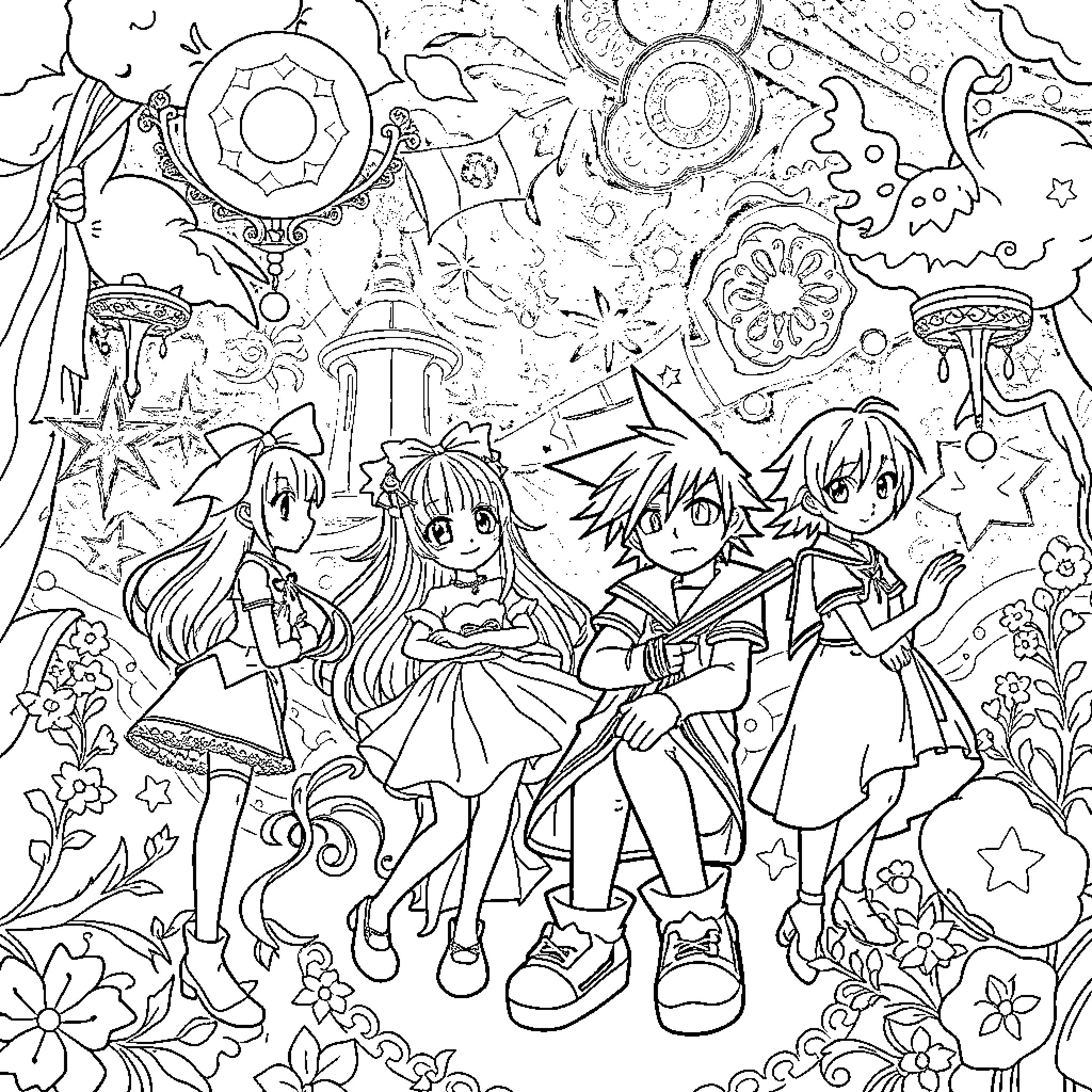 Kingdom Hearts: Characters' Magical Adventure Coloring Page (free black-and-white line drawing printable PDF for all, from beginners to advanced learners, including children, teens, adults, and seniors)