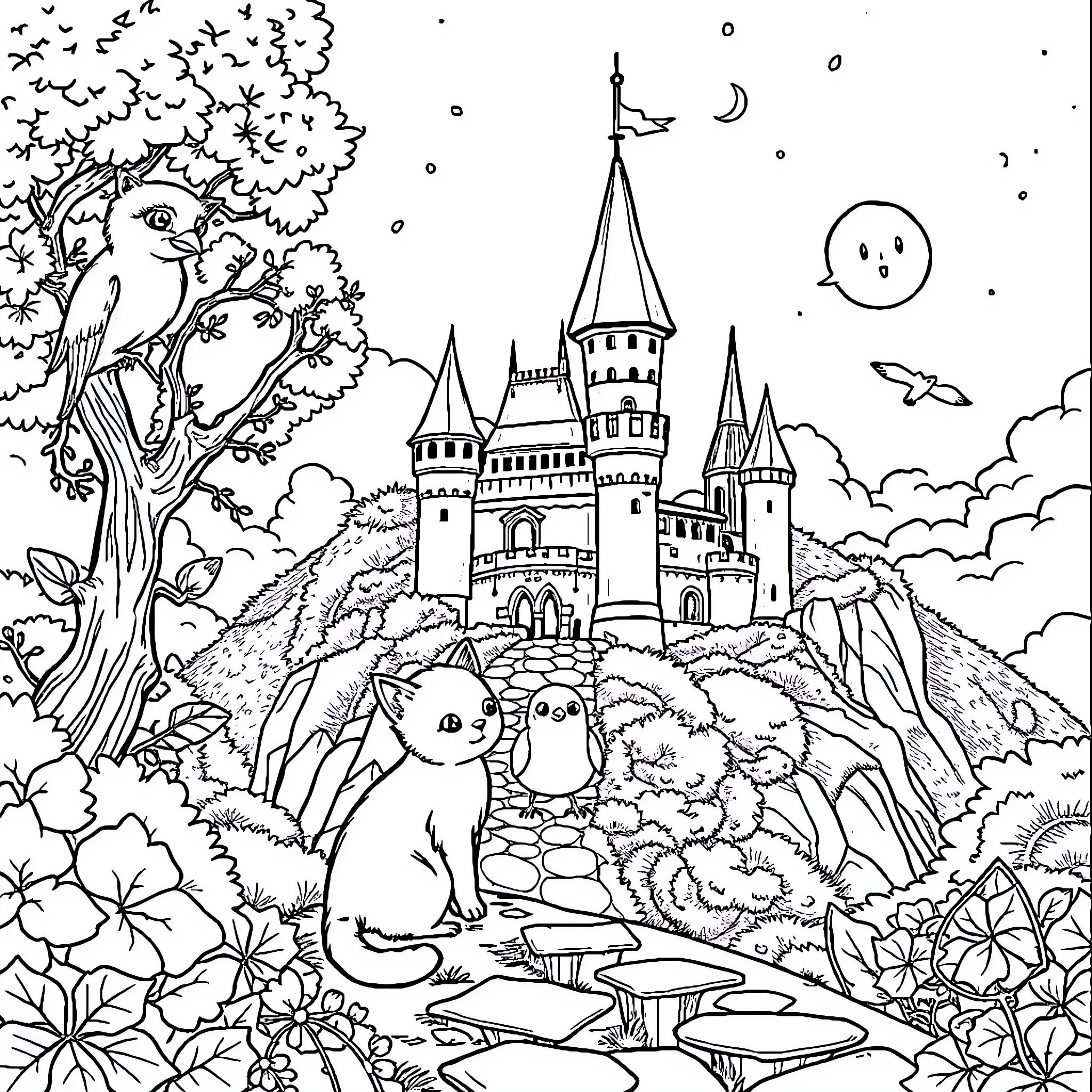 Menino explores the enchanted castle in the forest Coloring Page (free black-and-white line drawing printable PDF for all, from beginners to advanced learners, including children, teens, adults, and seniors)