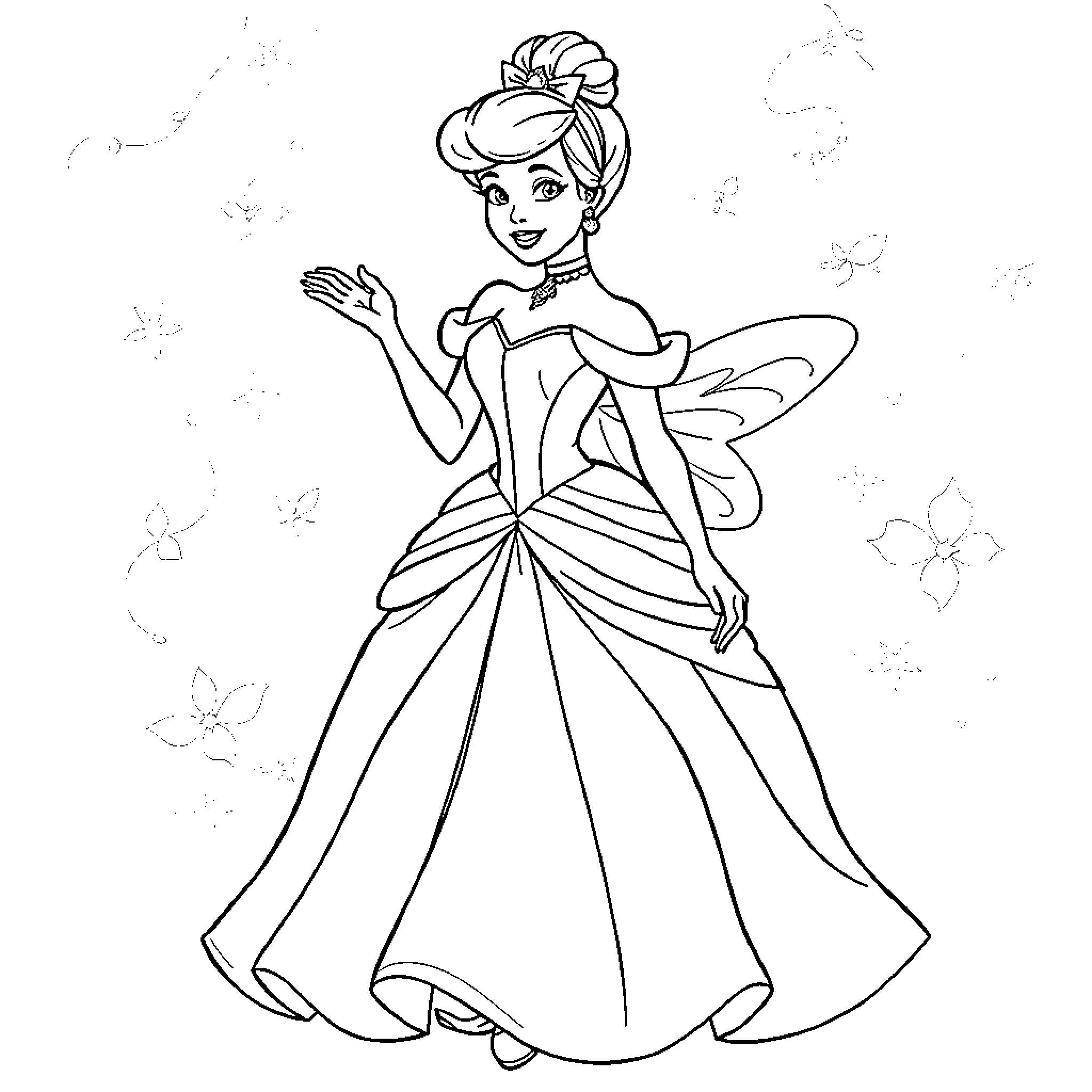 Cinderella in a Beautiful Ball Gown Coloring Page (free black-and-white line drawing printable PDF for all, from beginners to advanced learners, including children, teens, adults, and seniors)