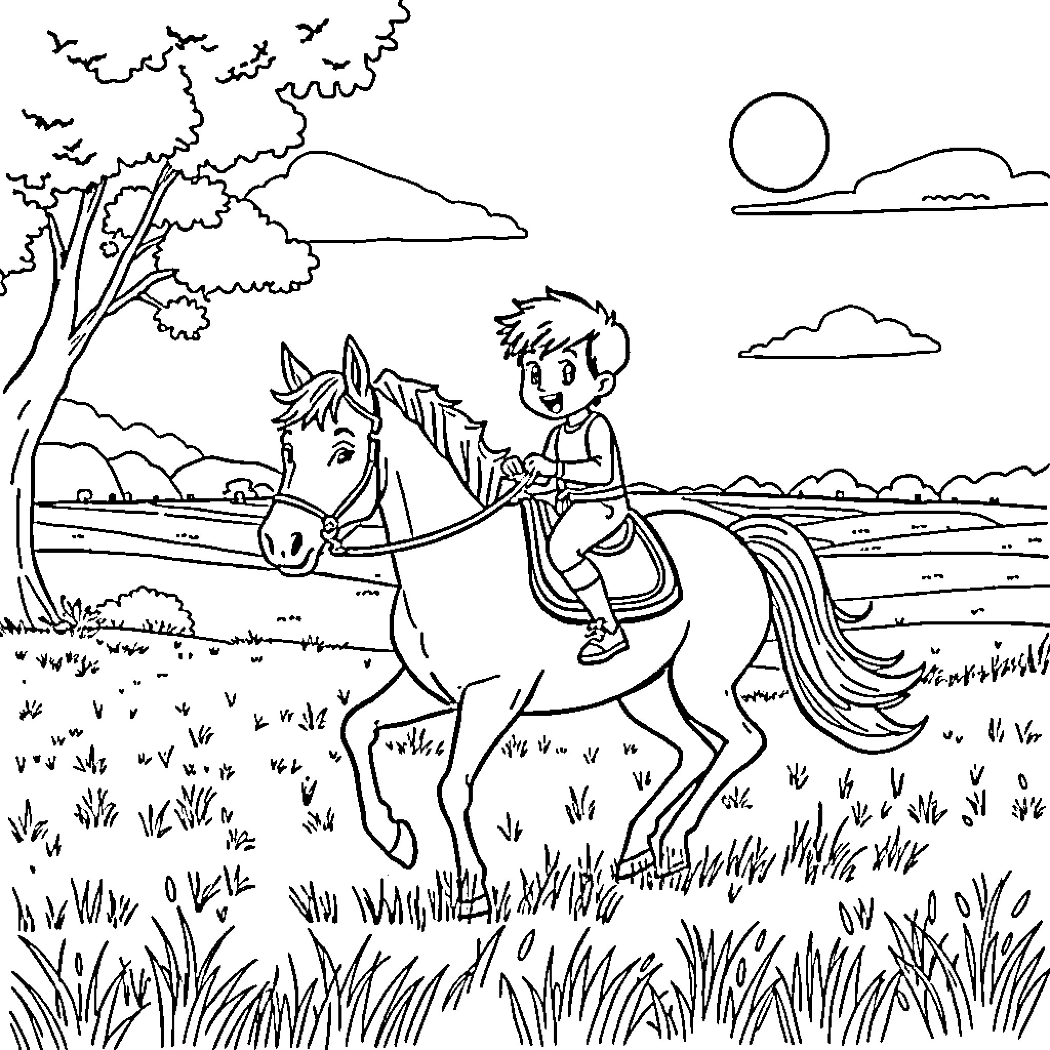 Bangchan's Peaceful Ride on Horseback Coloring Page (free black-and-white line drawing printable PDF for all, from beginners to advanced learners, including children, teens, adults, and seniors)