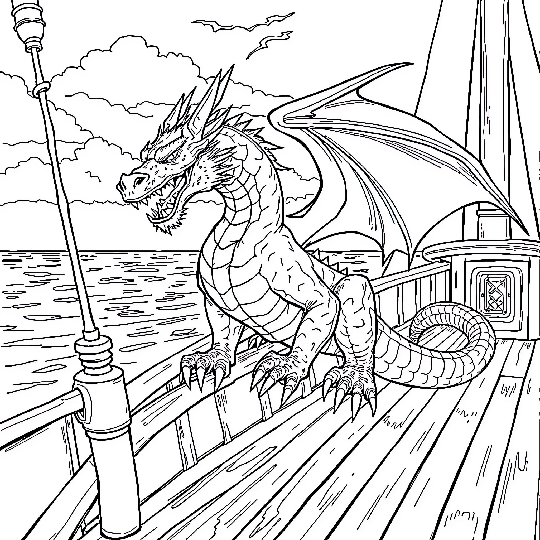 Dragon standing aggressively on a ship's deck Coloring Page (free black-and-white line drawing printable PDF for all, from beginners to advanced learners, including children, teens, adults, and seniors)