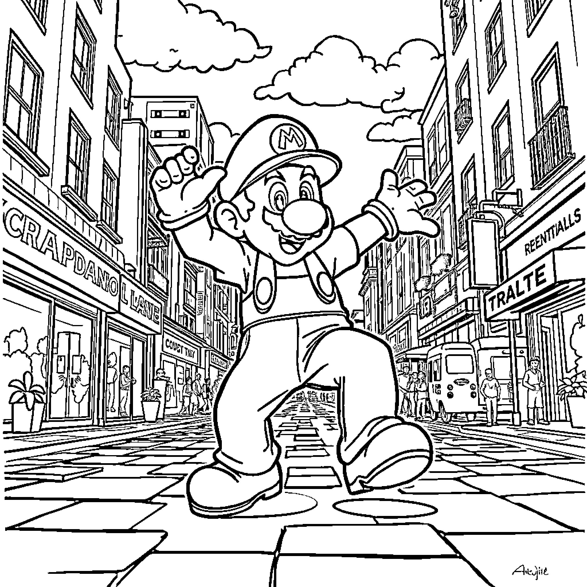 Mario's Joyful Adventure in the City Coloring Page (free black-and-white line drawing printable PDF for all, from beginners to advanced learners, including children, teens, adults, and seniors)