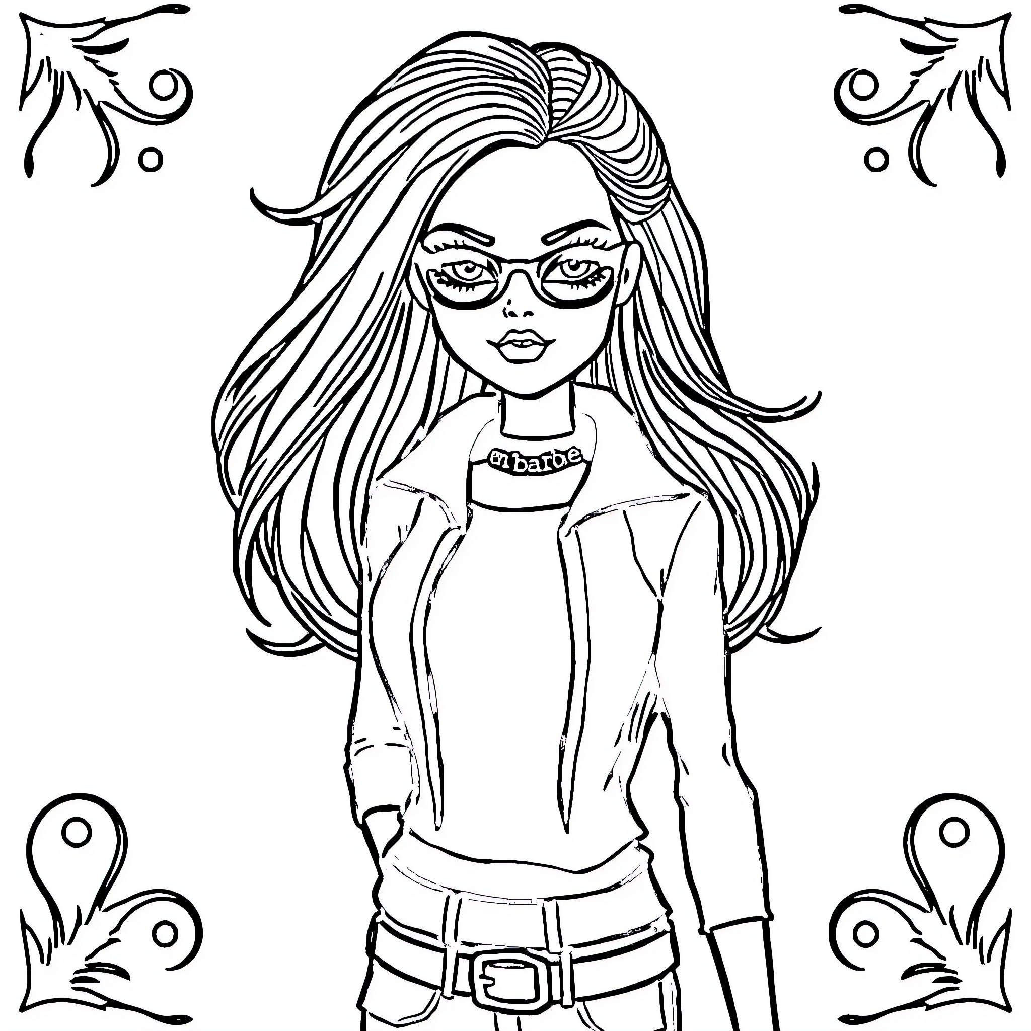 Barbie in casual outfit with stylish hair Coloring Page (free black-and-white line drawing printable PDF for all, from beginners to advanced learners, including children, teens, adults, and seniors)