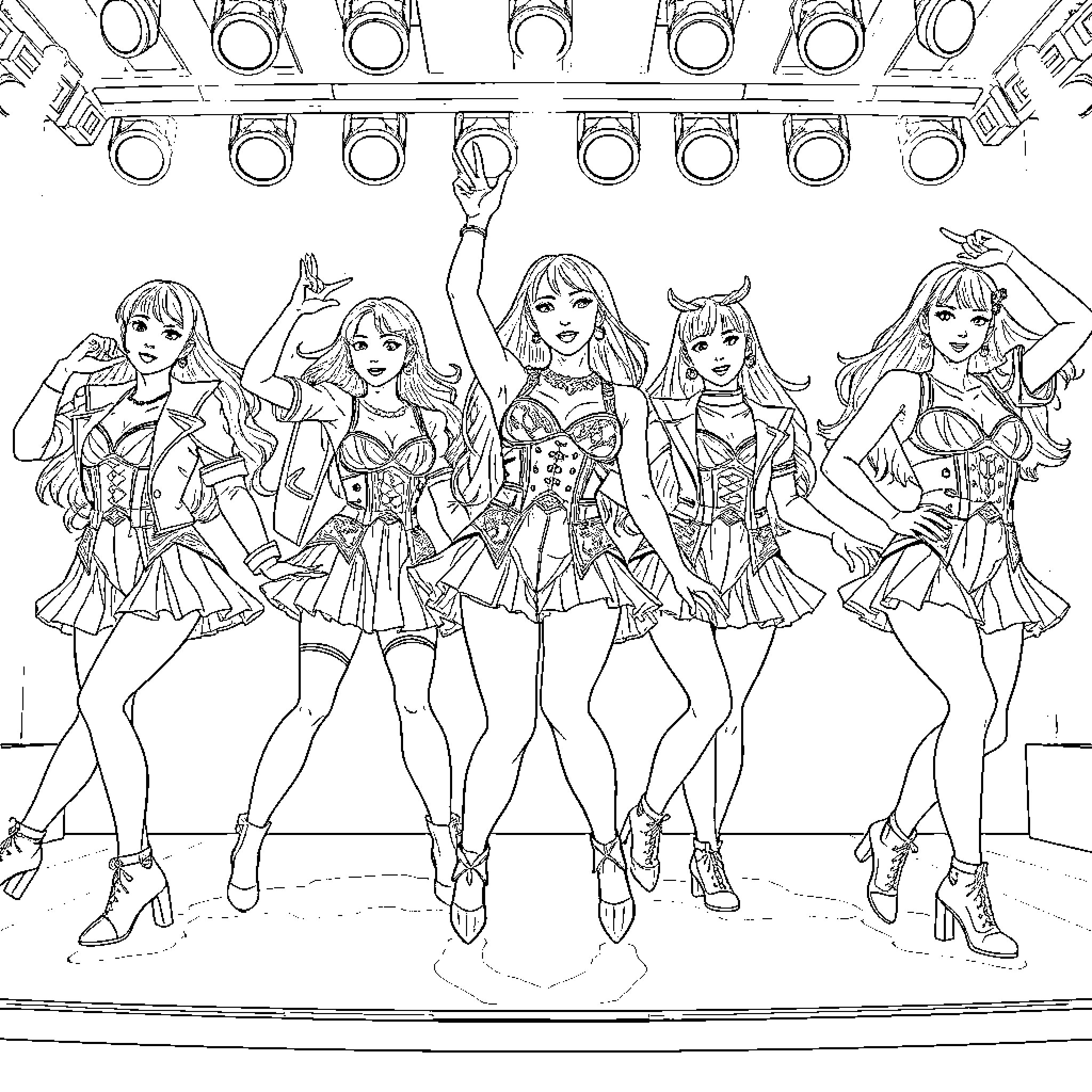 K Pop Warrior Dancers in Dramatic Performance Coloring Page (free black-and-white line drawing printable PDF for all, from beginners to advanced learners, including children, teens, adults, and seniors)