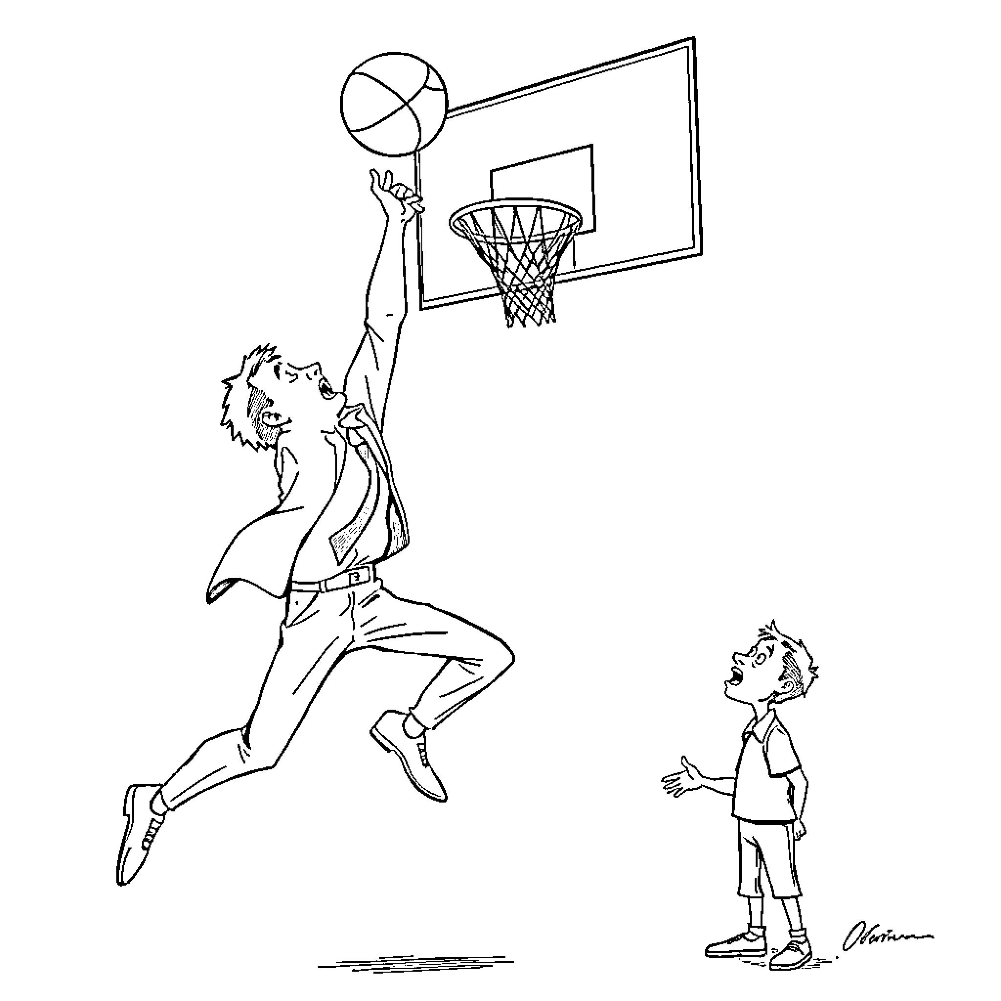 Real Estate Agent Shoots Hoops with Client Coloring Page (free black-and-white line drawing printable PDF for all, from beginners to advanced learners, including children, teens, adults, and seniors)