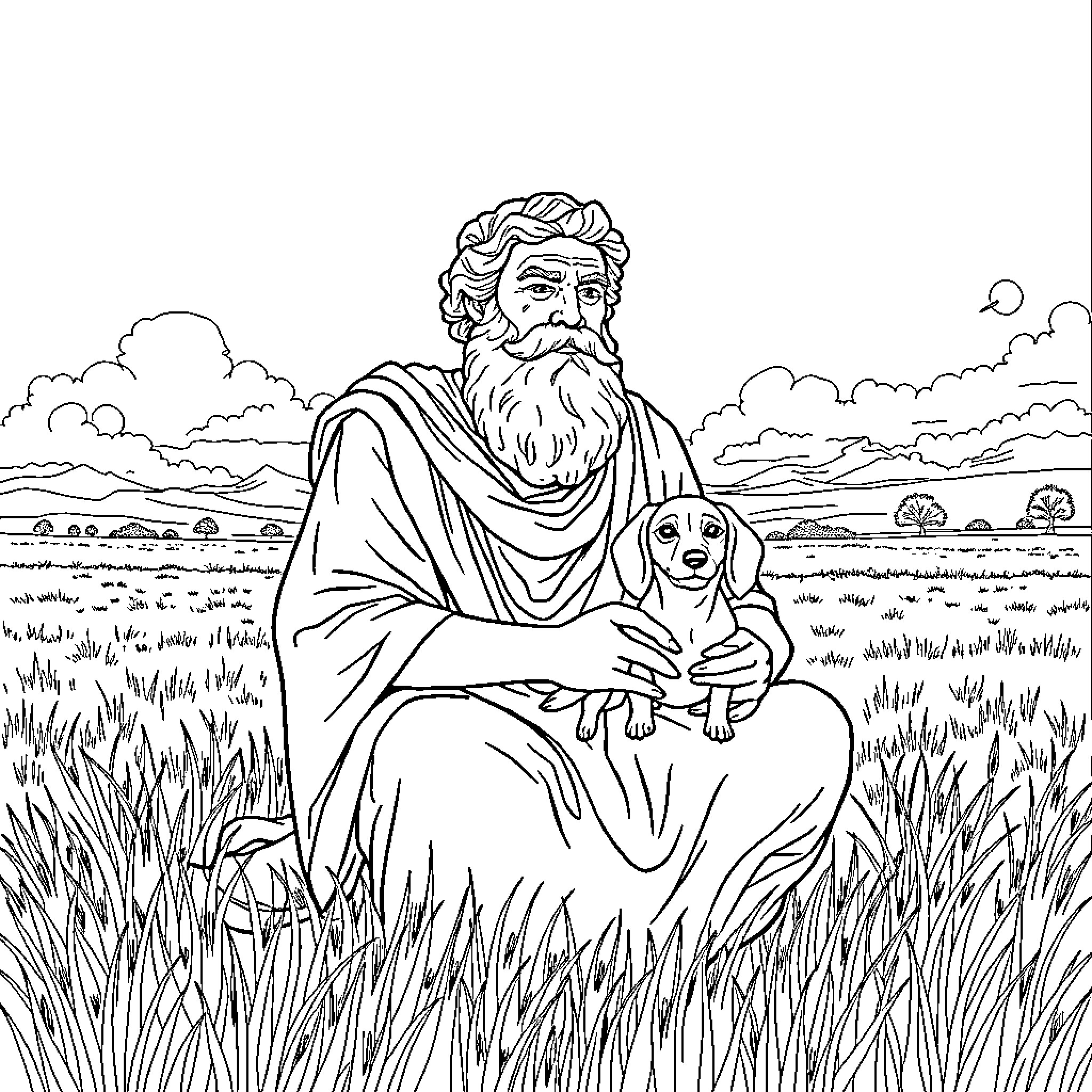 Aeschylus Contemplating Nature with Loyal Companion Coloring Page (free black-and-white line drawing printable PDF for all, from beginners to advanced learners, including children, teens, adults, and seniors)