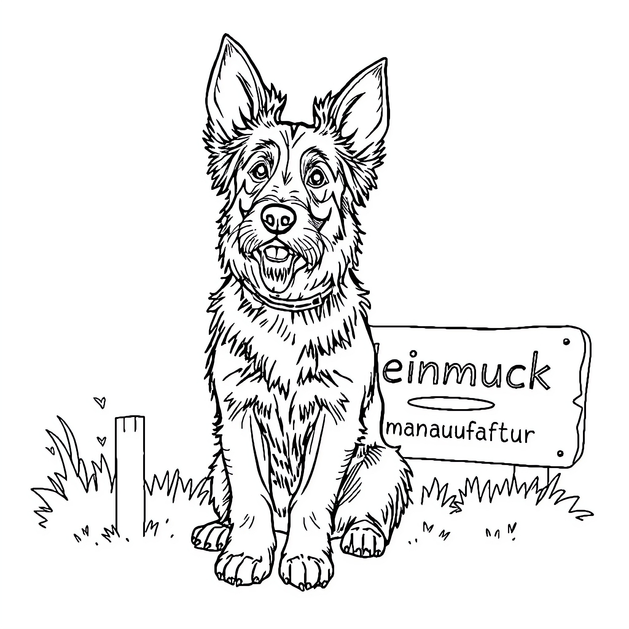 Dachshund posing with sign in the yard Coloring Page (free black-and-white line drawing printable PDF for all, from beginners to advanced learners, including children, teens, adults, and seniors)