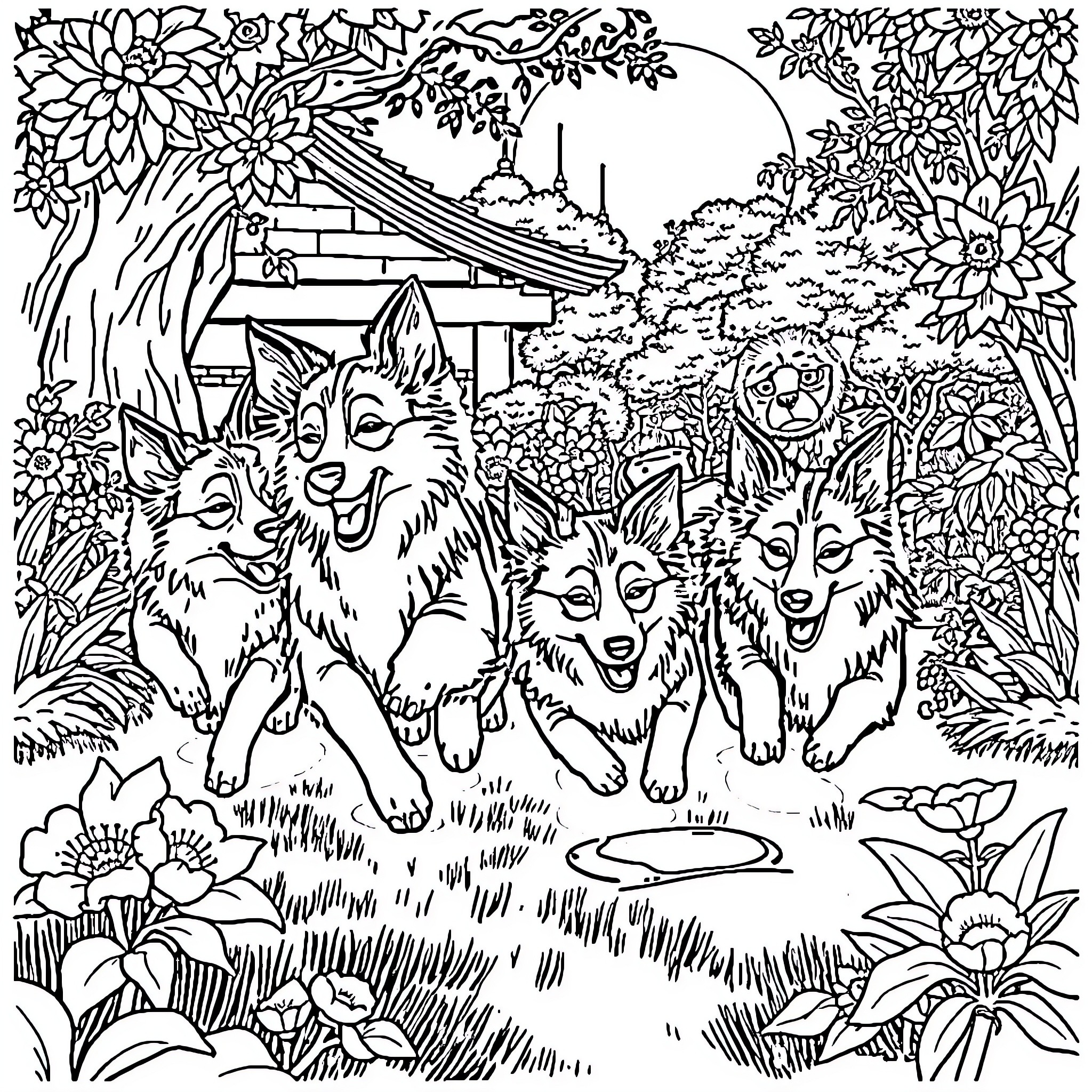 Sheltie Dogs Playing Joyfully in Floral Garden Coloring Page (free black-and-white line drawing printable PDF for all, from beginners to advanced learners, including children, teens, adults, and seniors)