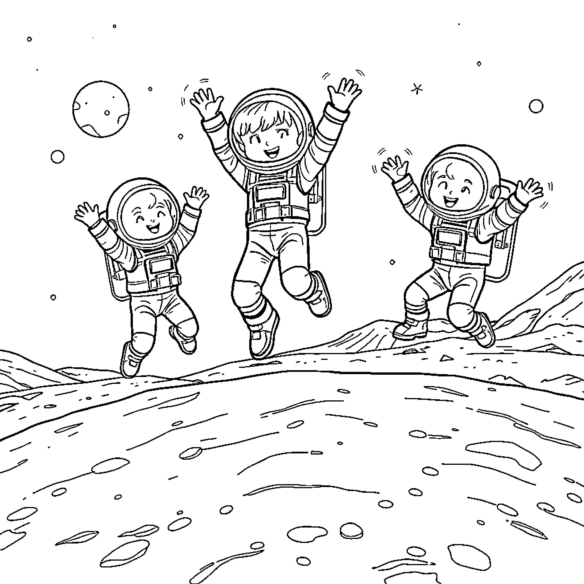 Kids happily exploring the universe in spacesuits Coloring Page (free black-and-white line drawing printable PDF for all, from beginners to advanced learners, including children, teens, adults, and seniors)