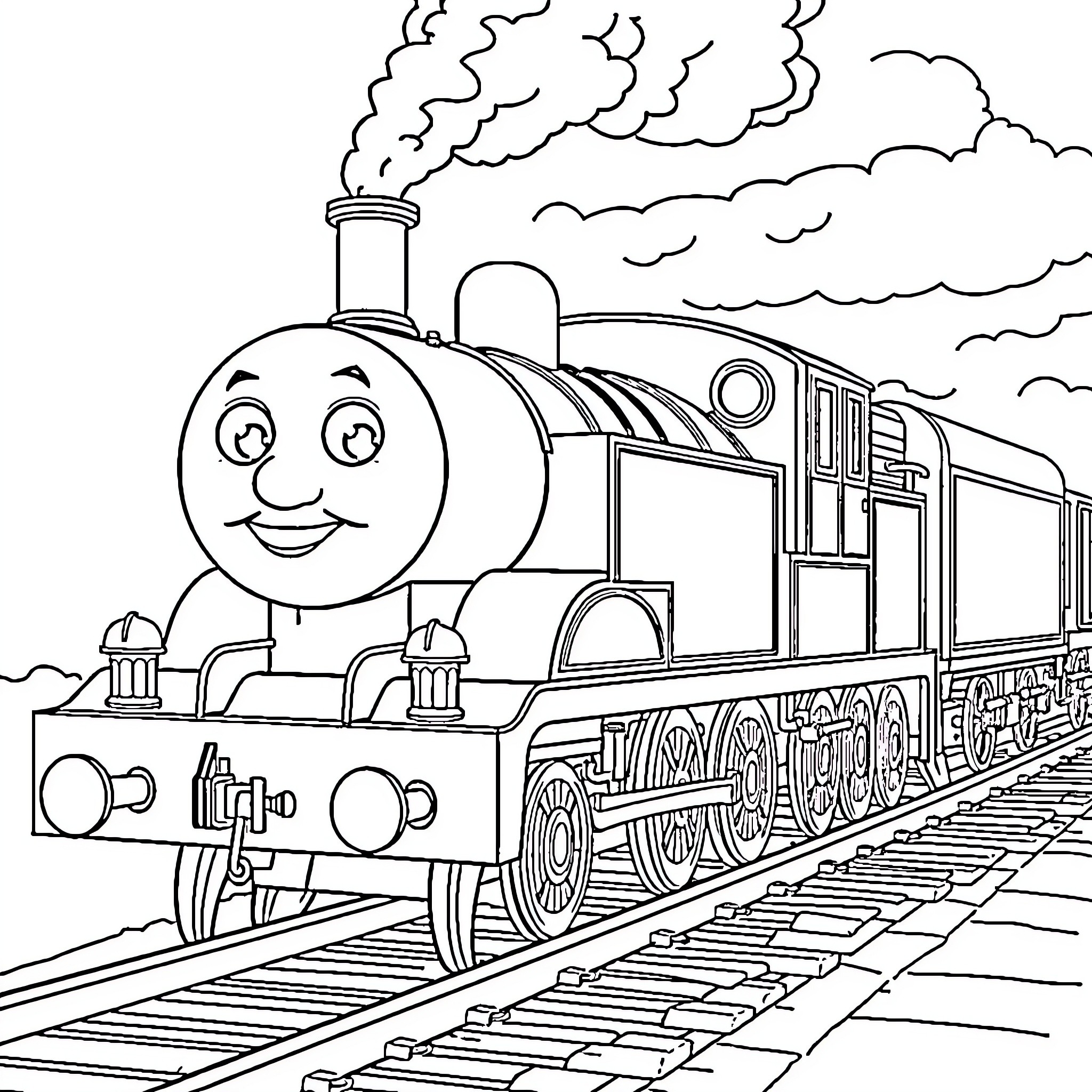 Thomas the Train Engine on the Tracks Coloring Page (free black-and-white line drawing printable PDF for all, from beginners to advanced learners, including children, teens, adults, and seniors)
