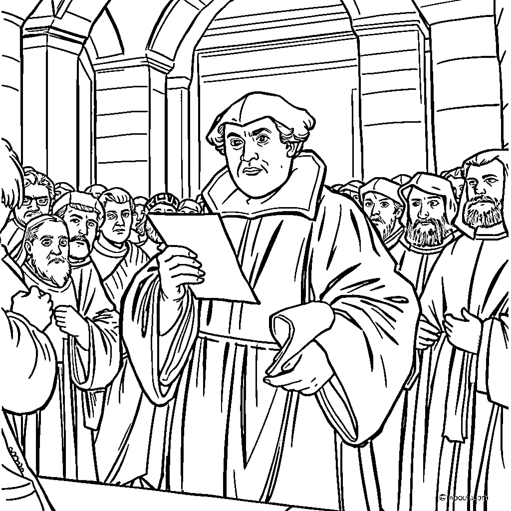 Martin Luther Preaching to Followers in a Church Coloring Page (free black-and-white line drawing printable PDF for all, from beginners to advanced learners, including children, teens, adults, and seniors)