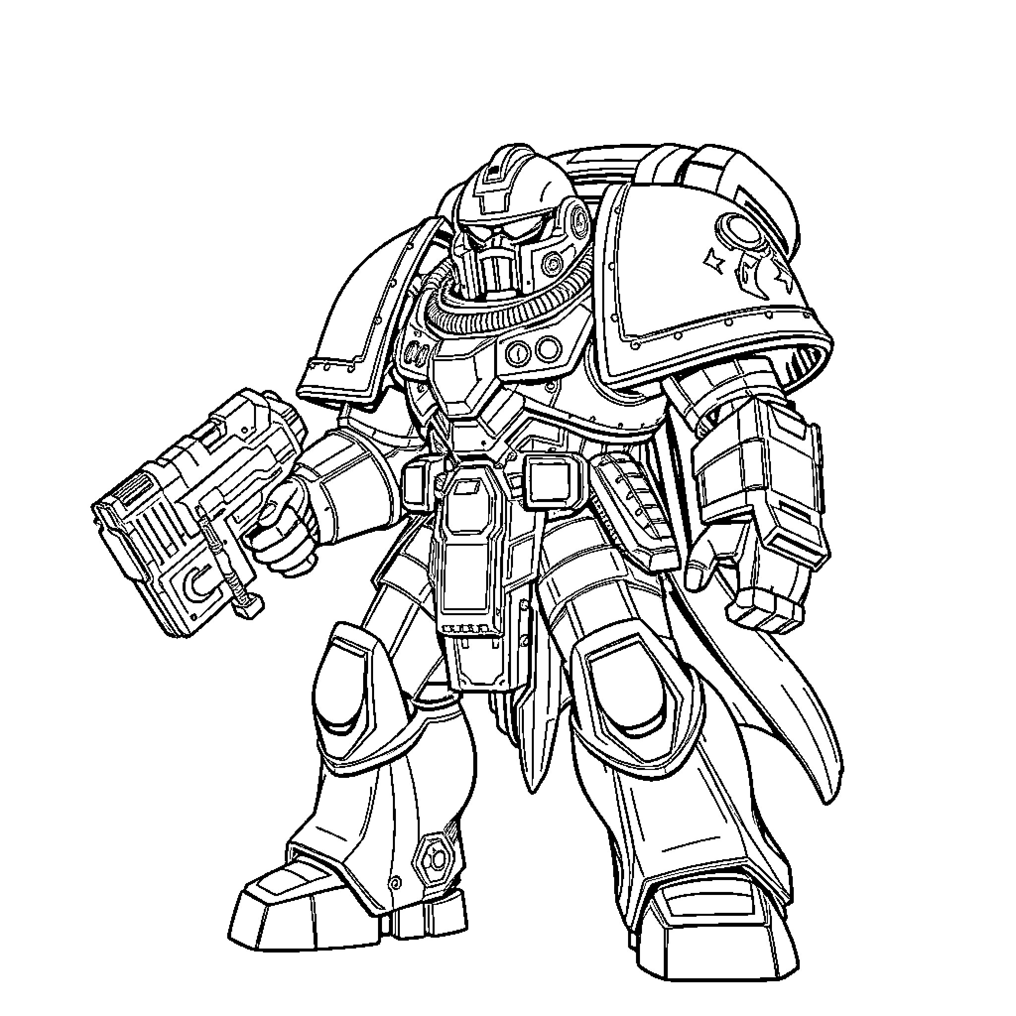 Labubu's Armored Suit in Action Coloring Page (free black-and-white line drawing printable PDF for all, from beginners to advanced learners, including children, teens, adults, and seniors)