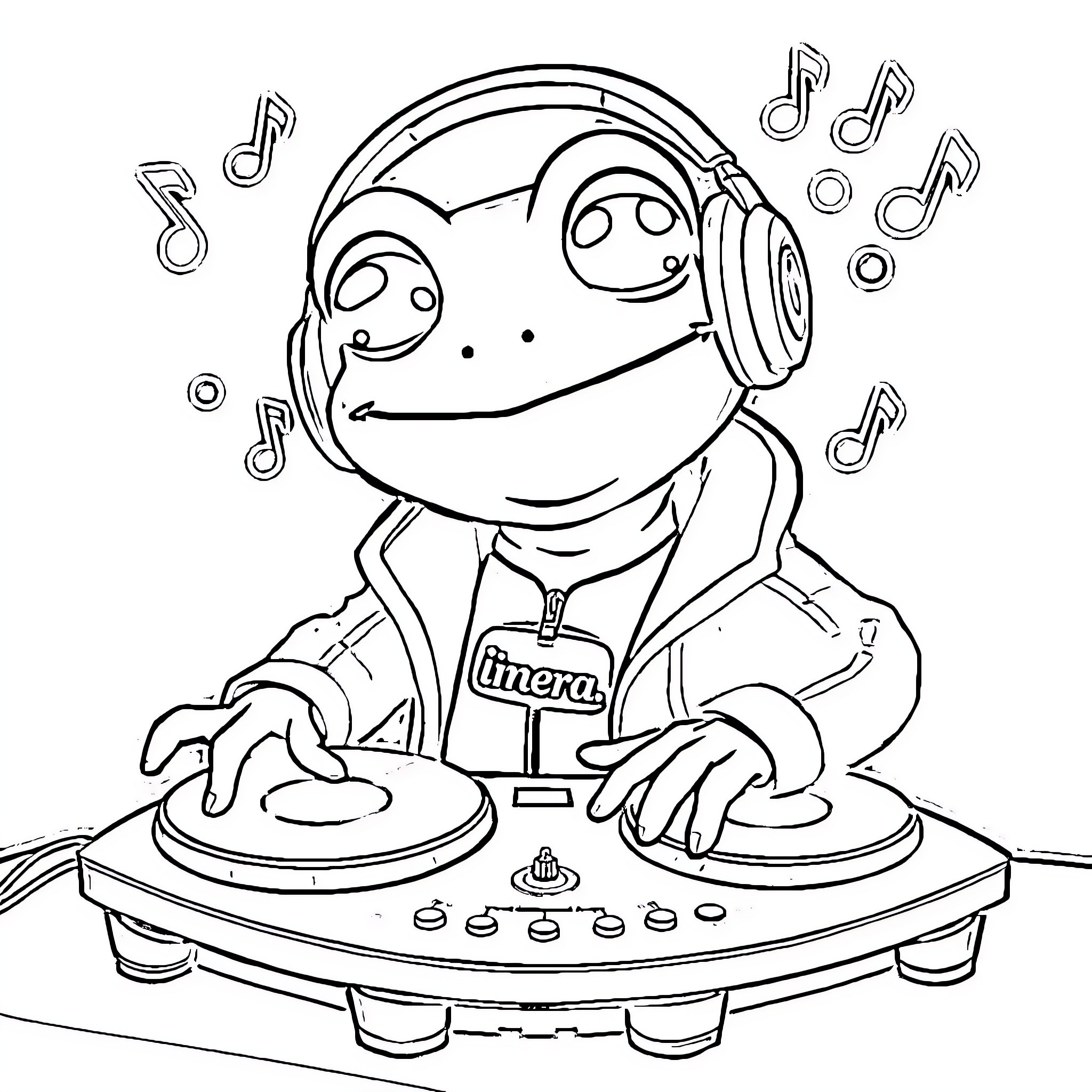 Pepe the DJ frog spinning tunes with music notes Coloring Page (free black-and-white line drawing printable PDF for all, from beginners to advanced learners, including children, teens, adults, and seniors)