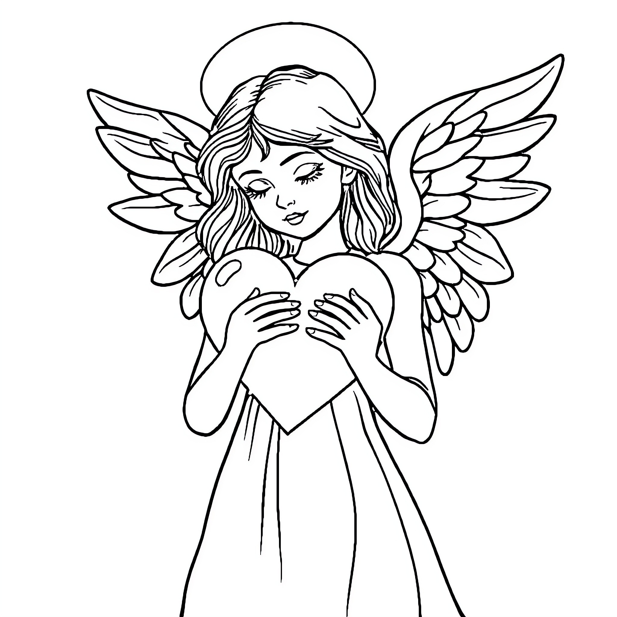 Angel holding a heart with wings Coloring Page (free black-and-white line drawing printable PDF for all, from beginners to advanced learners, including children, teens, adults, and seniors)