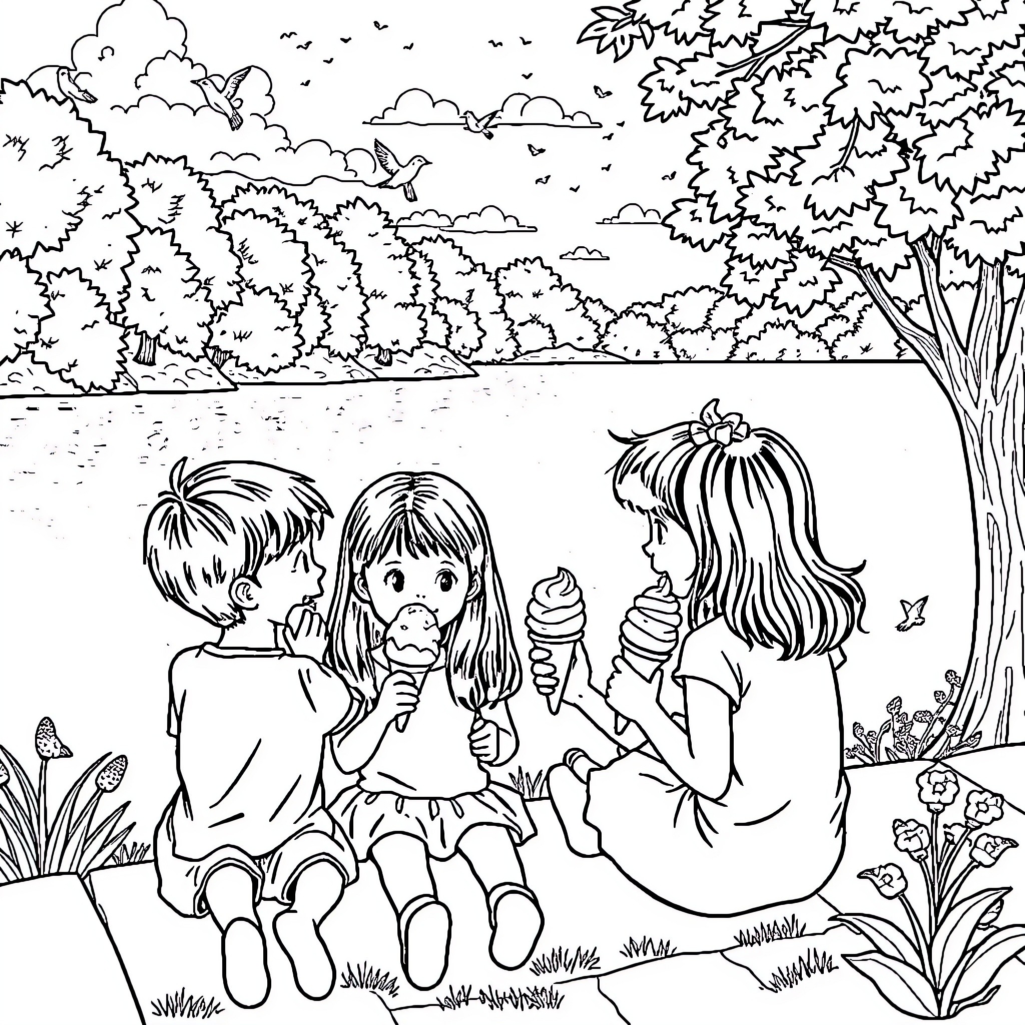 Kid friends enjoying ice cream outdoors Coloring Page (free black-and-white line drawing printable PDF for all, from beginners to advanced learners, including children, teens, adults, and seniors)