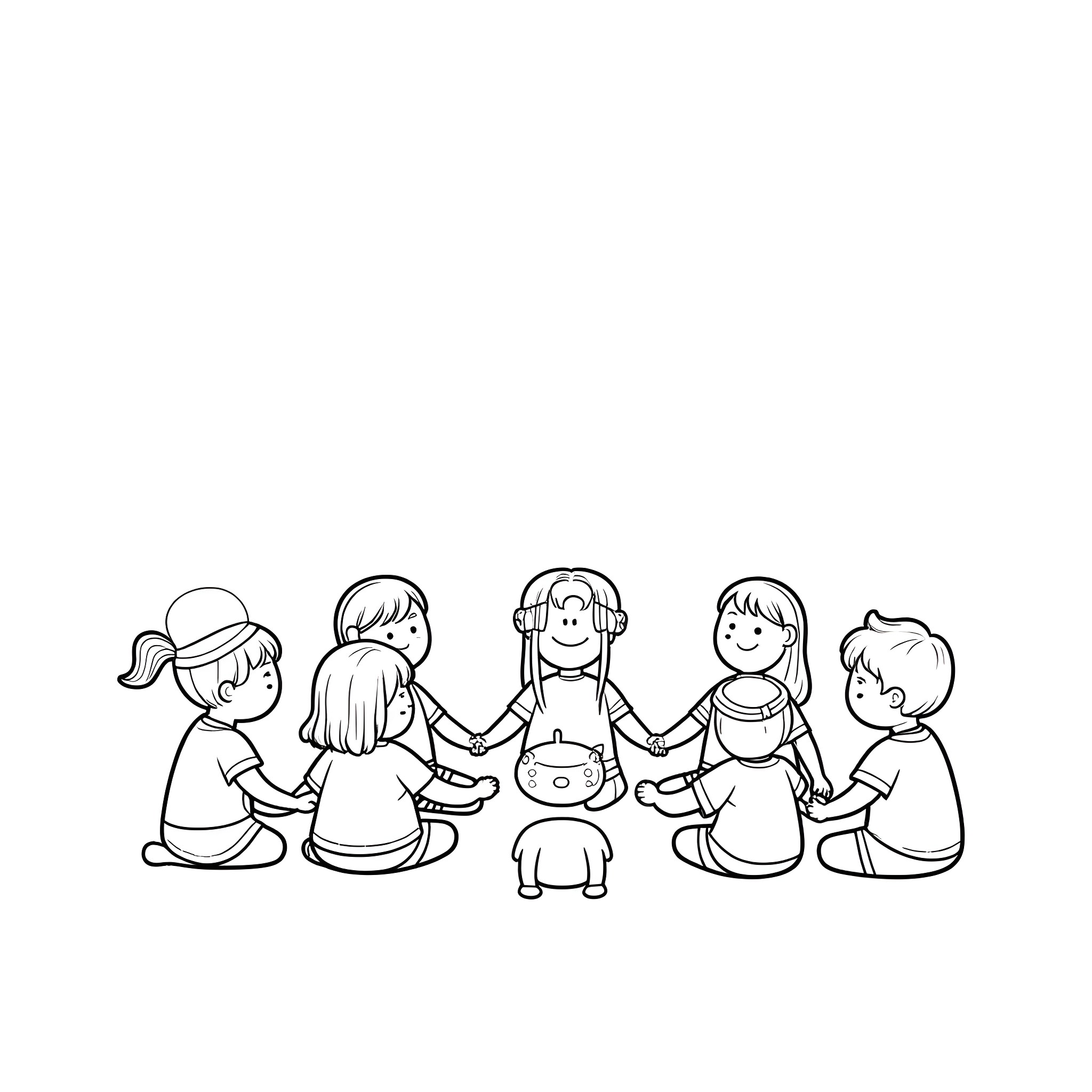 Children playing happily in a group Coloring Page (free black-and-white line drawing printable PDF for all, from beginners to advanced learners, including children, teens, adults, and seniors)
