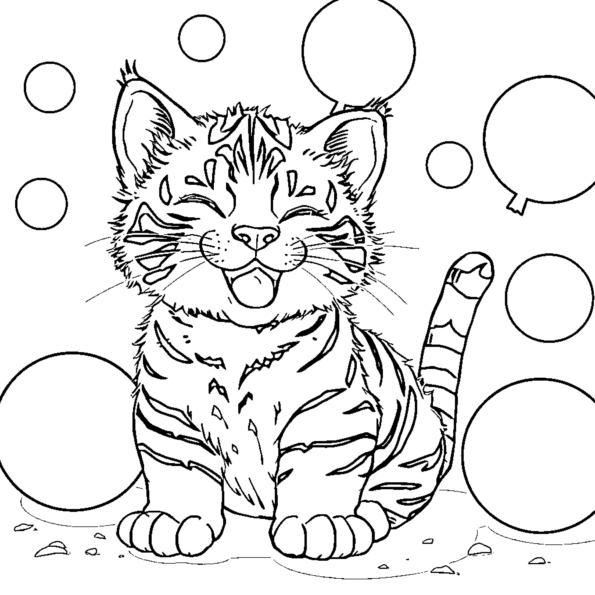 Tiger Cat playful and happy with bubbles Coloring Page (free black-and-white line drawing printable PDF for all, from beginners to advanced learners, including children, teens, adults, and seniors)