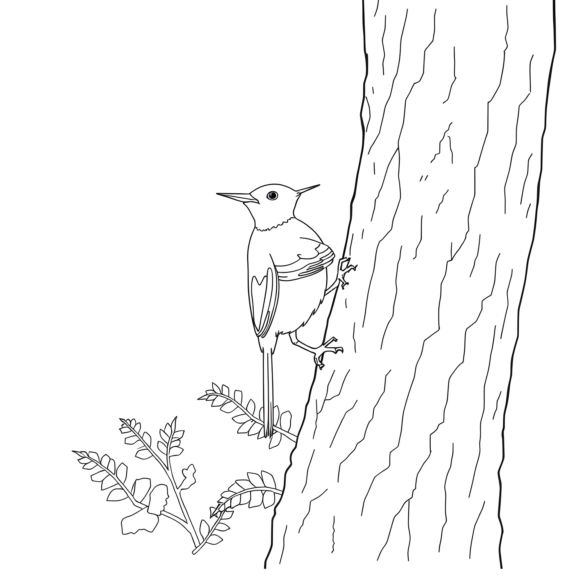 Honeycreeper perched on a tree trunk Coloring Page (free black-and-white line drawing printable PDF for all, from beginners to advanced learners, including children, teens, adults, and seniors)