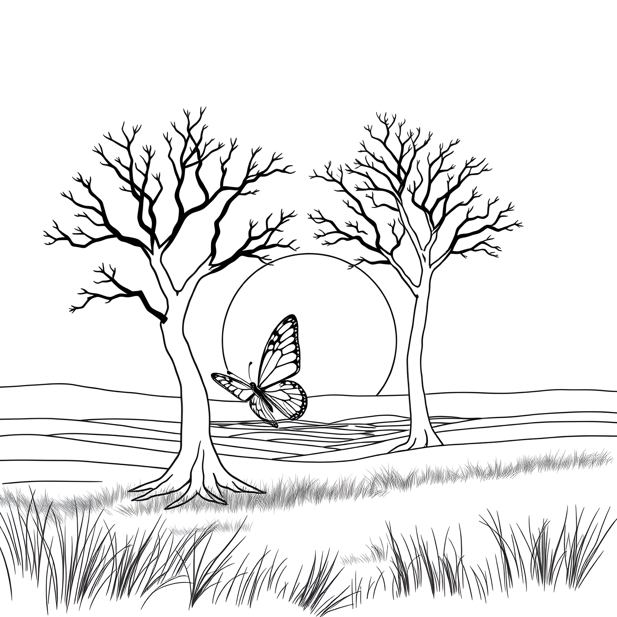 Butterfly resting in peaceful forest landscape Coloring Page (free black-and-white line drawing printable PDF for all, from beginners to advanced learners, including children, teens, adults, and seniors)