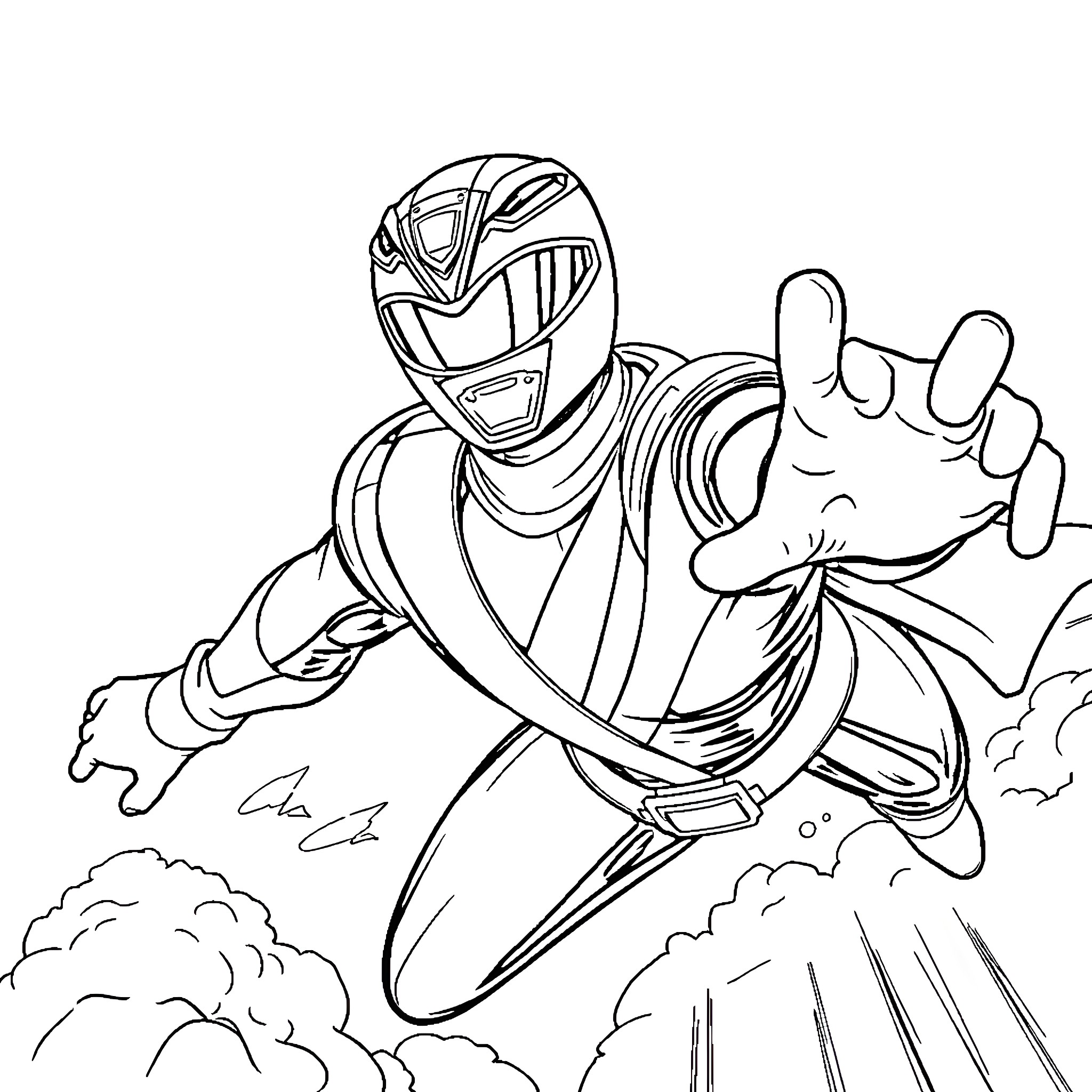 Power Ranger in action with explosive moves Coloring Page (free black-and-white line drawing printable PDF for all, from beginners to advanced learners, including children, teens, adults, and seniors)