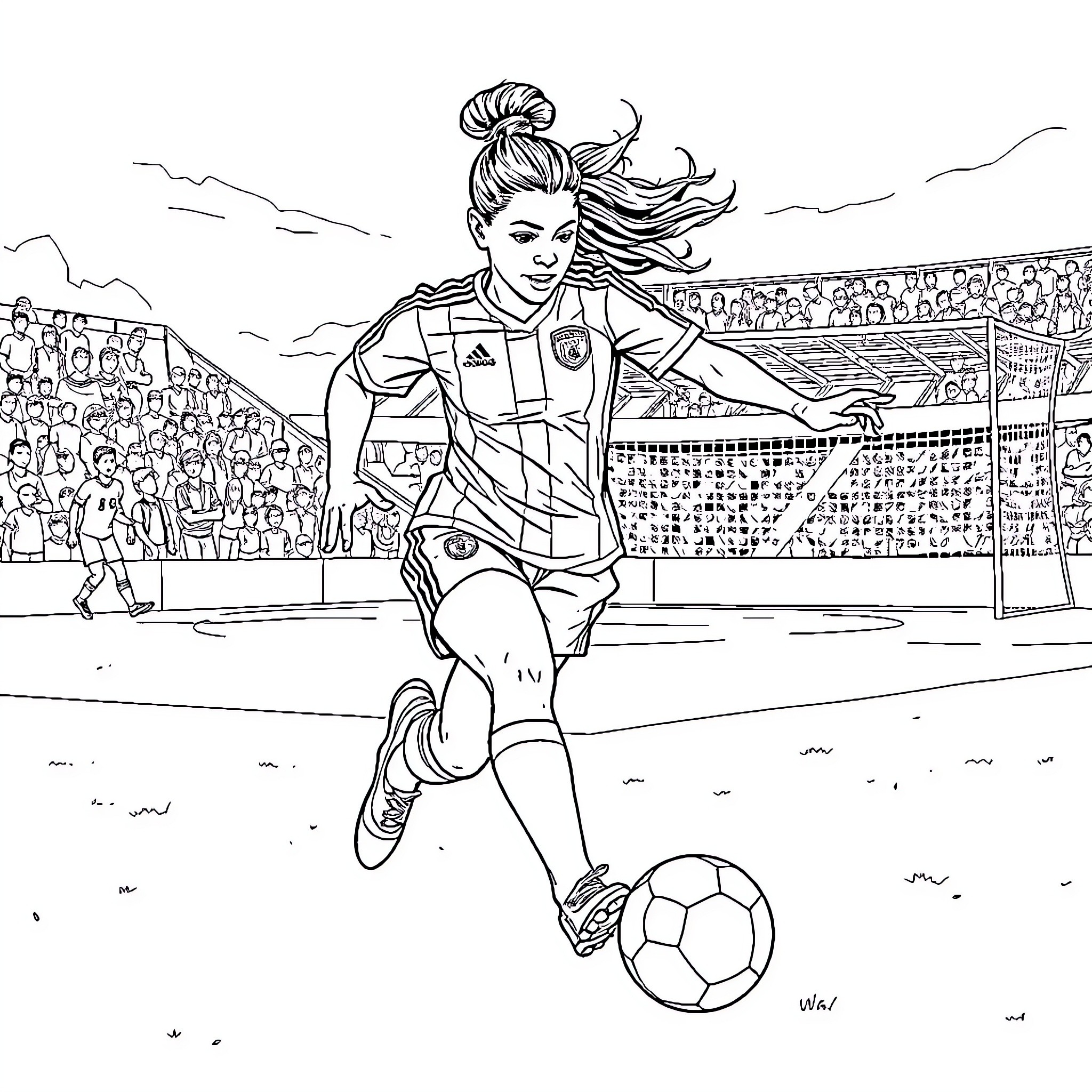 Pelé playing soccer on the field with crowd Coloring Page (free black-and-white line drawing printable PDF for all, from beginners to advanced learners, including children, teens, adults, and seniors)