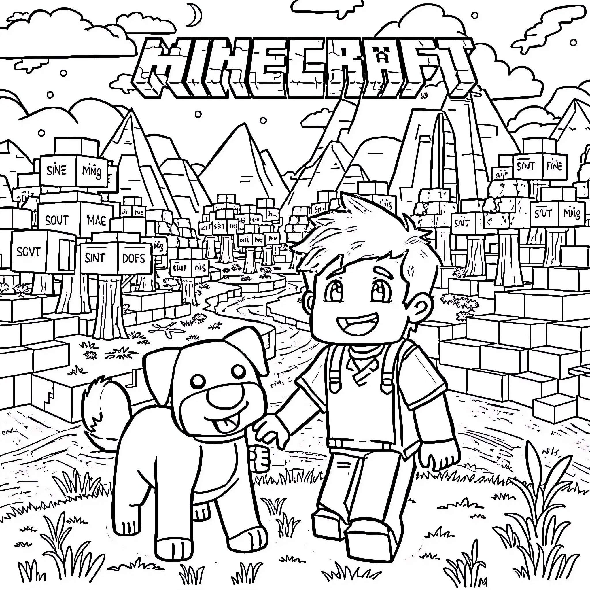 Boy and his pet exploring the Minecraft world Coloring Page (free black-and-white line drawing printable PDF for all, from beginners to advanced learners, including children, teens, adults, and seniors)