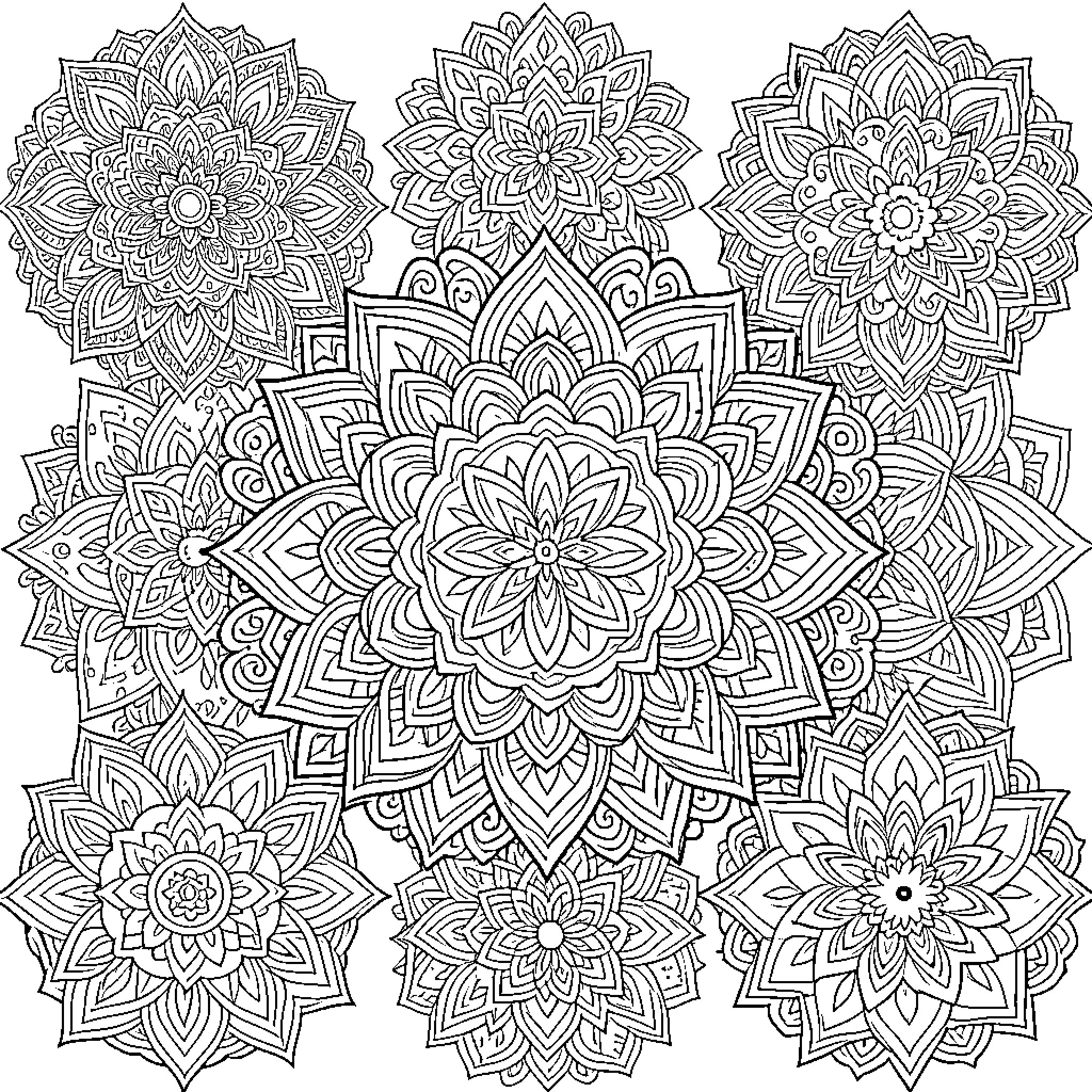 Mandalas of intricate floral patterns Coloring Page (free black-and-white line drawing printable PDF for all, from beginners to advanced learners, including children, teens, adults, and seniors)