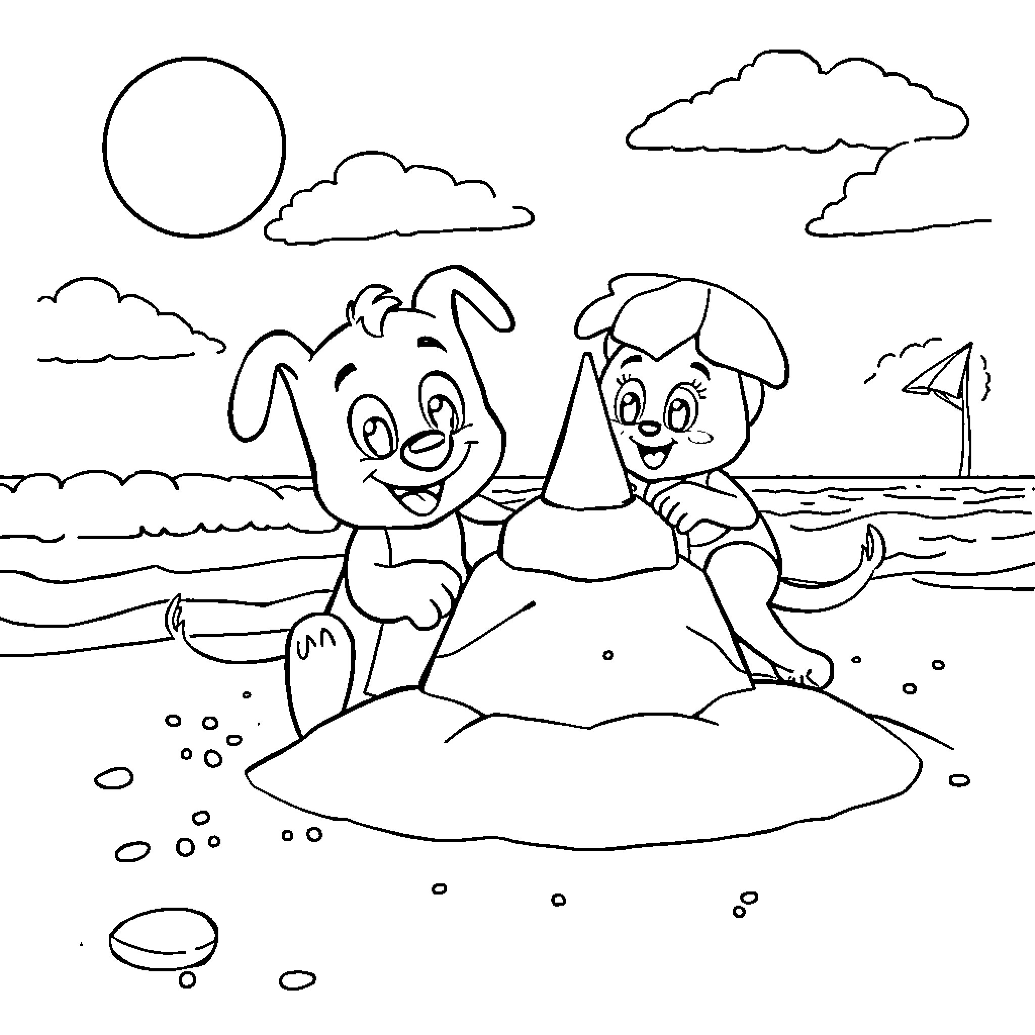 Bluey playing happily with friends on the beach Coloring Page (free black-and-white line drawing printable PDF for all, from beginners to advanced learners, including children, teens, adults, and seniors)