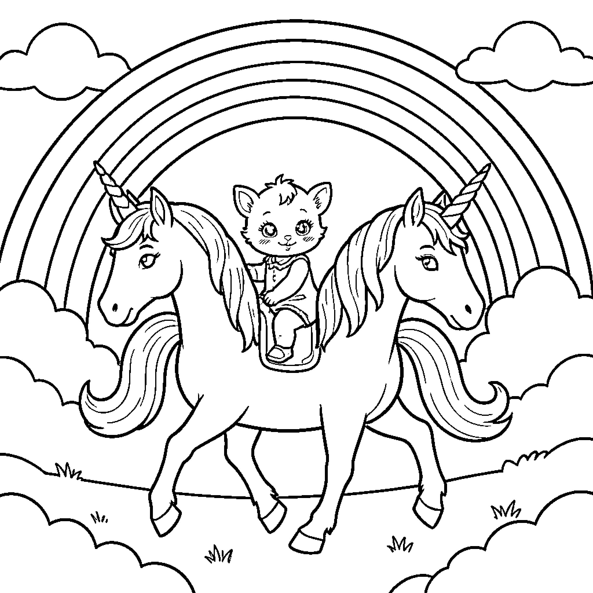 Unicorn carrying a cute kitten under a rainbow Coloring Page (free black-and-white line drawing printable PDF for all, from beginners to advanced learners, including children, teens, adults, and seniors)