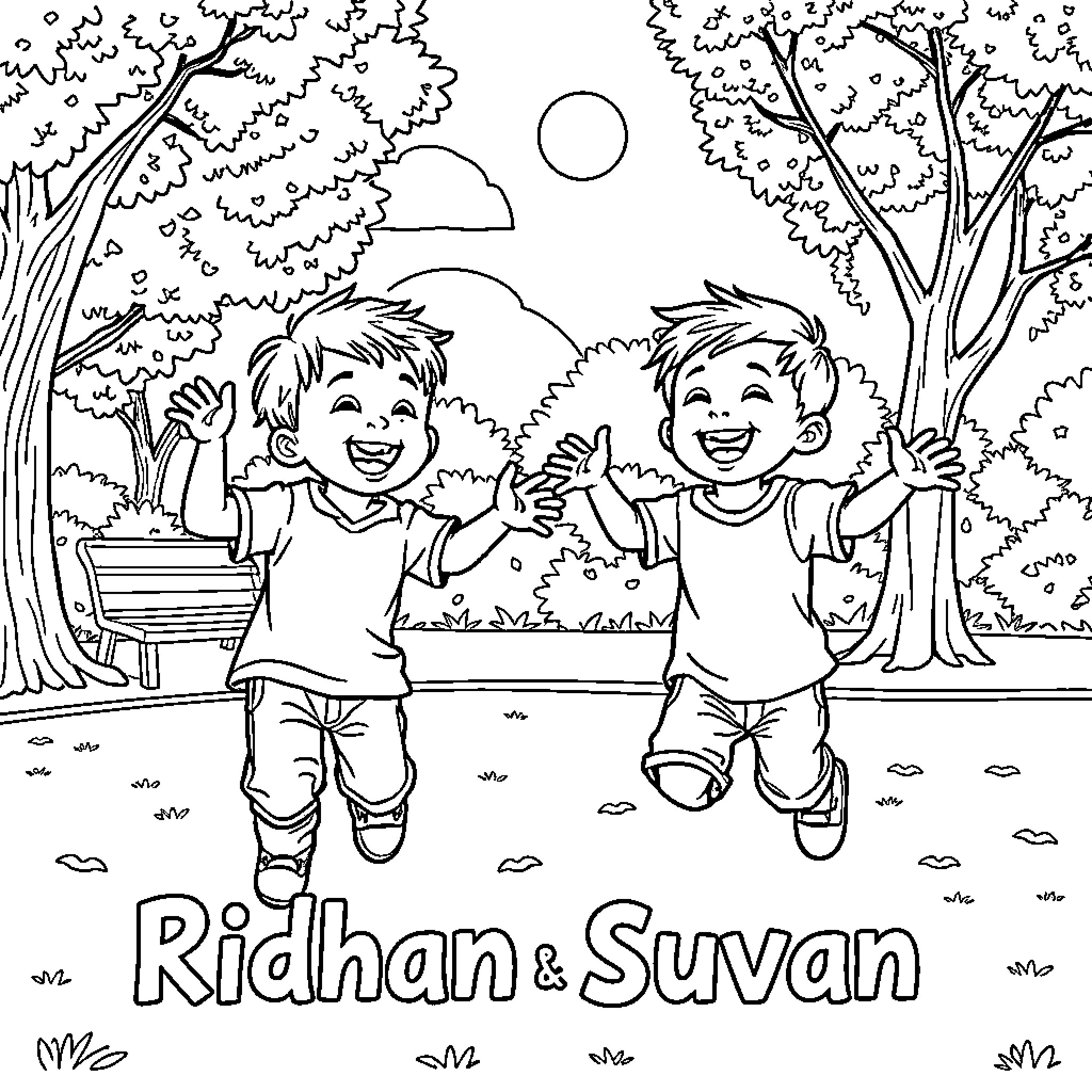 Twin siblings playing happily in nature Coloring Page (free black-and-white line drawing printable PDF for all, from beginners to advanced learners, including children, teens, adults, and seniors)