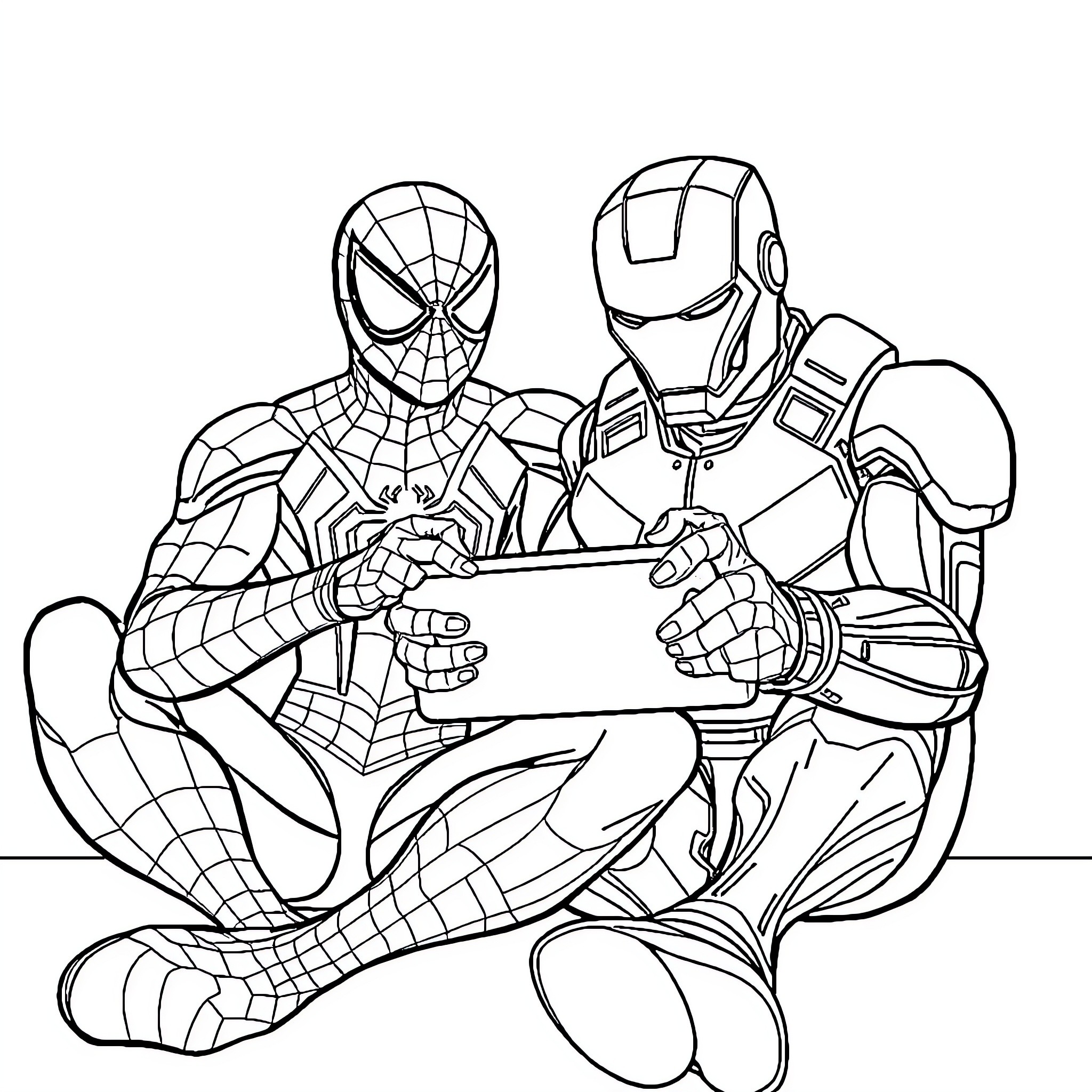 Spiderman and Iron Man teaming up for an adventure Coloring Page (free black-and-white line drawing printable PDF for all, from beginners to advanced learners, including children, teens, adults, and seniors)