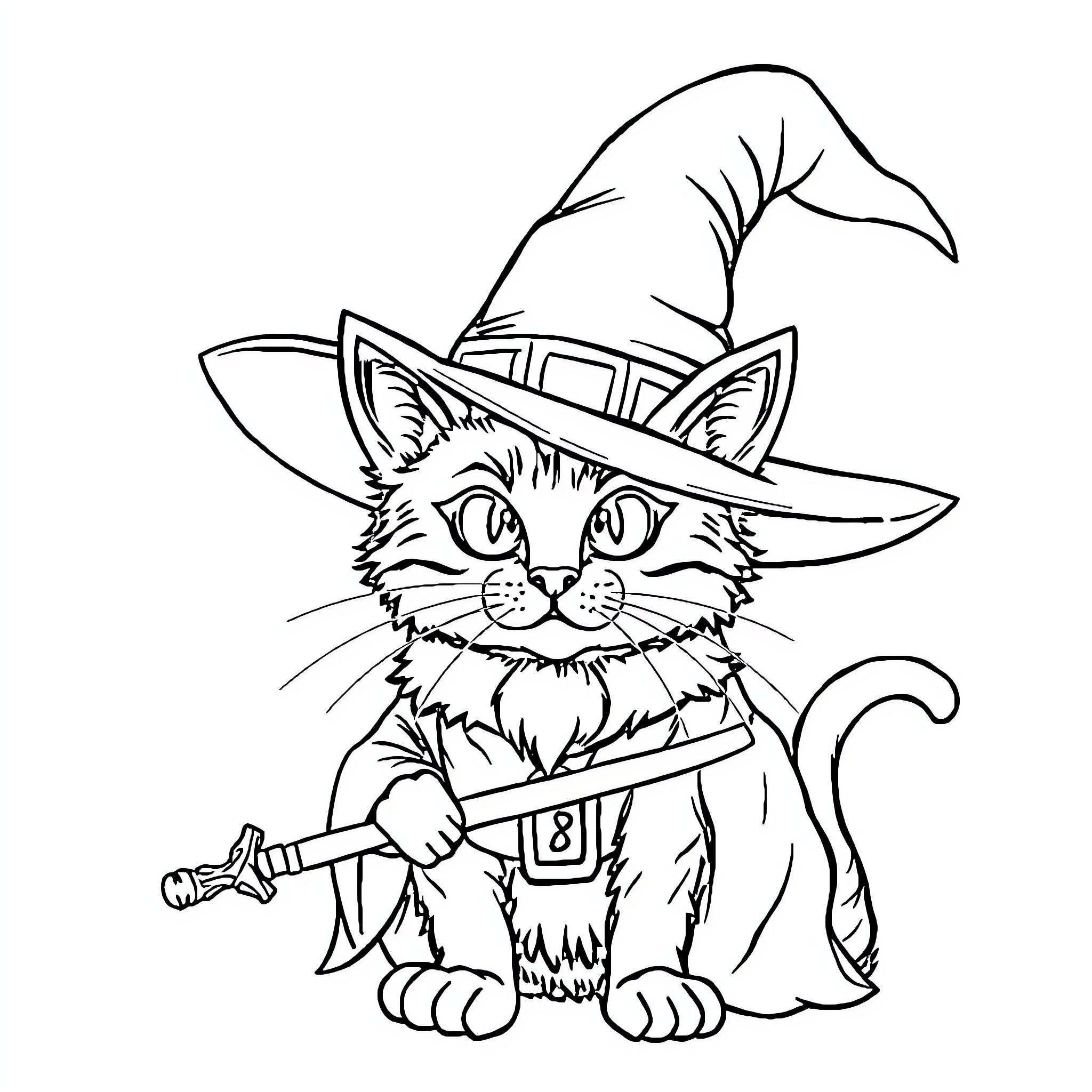 Wizard Cat casting magical spells Coloring Page (free black-and-white line drawing printable PDF for all, from beginners to advanced learners, including children, teens, adults, and seniors)