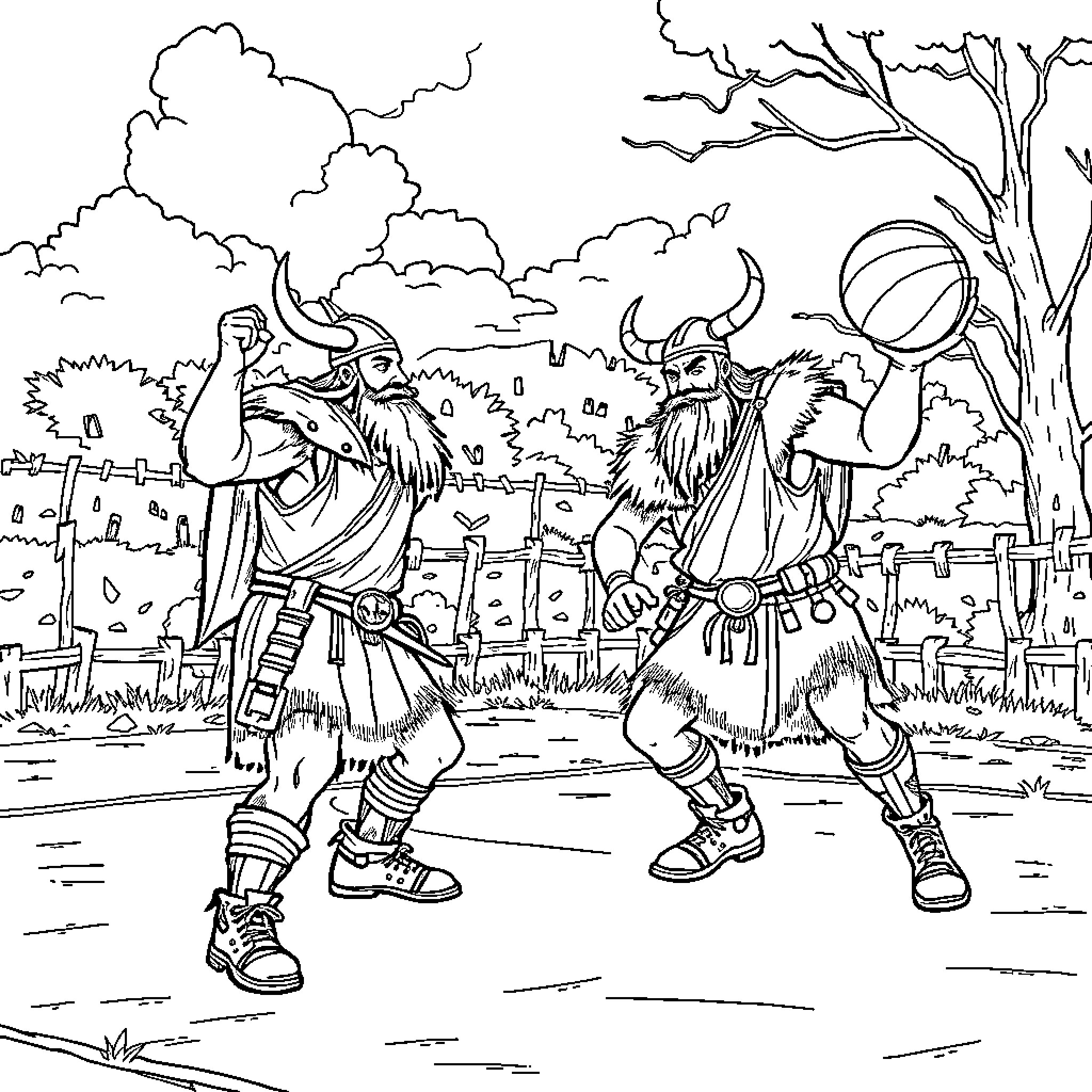 Viking warriors engaging in playful activities Coloring Page (free black-and-white line drawing printable PDF for all, from beginners to advanced learners, including children, teens, adults, and seniors)