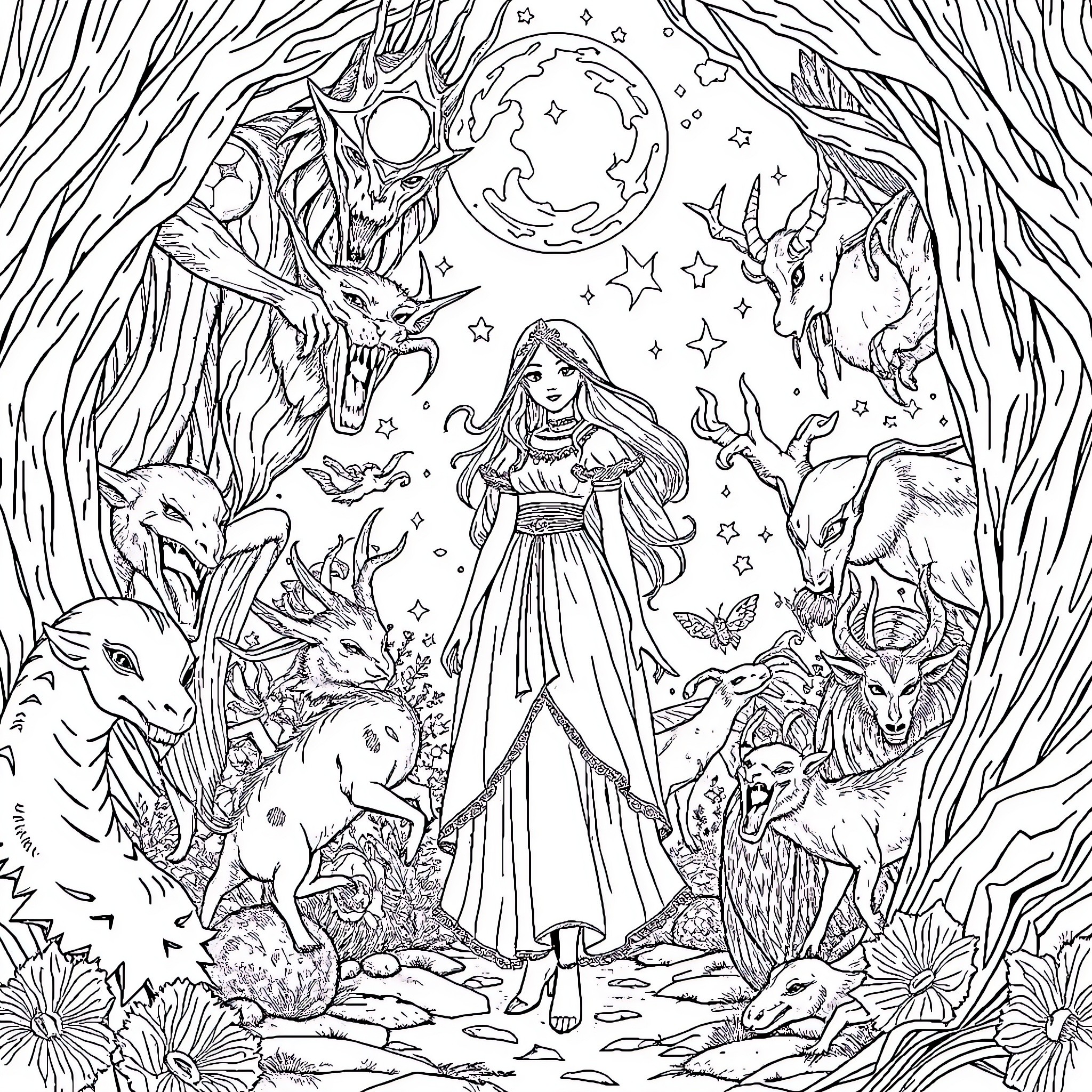 Anastasia's Enchanted Woodland Adventure Coloring Page (free black-and-white line drawing printable PDF for all, from beginners to advanced learners, including children, teens, adults, and seniors)