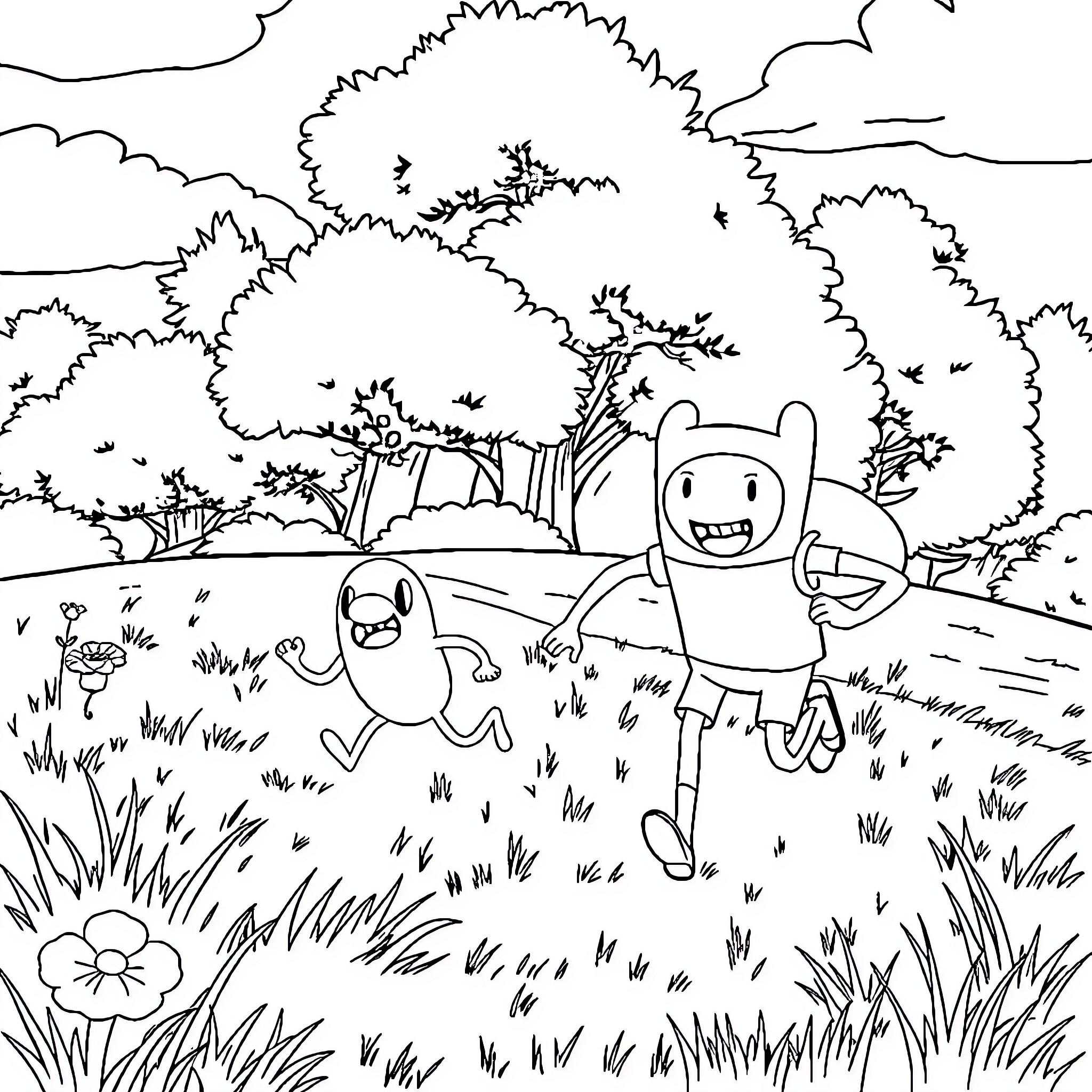 Finn and Jake explore the whimsical forest Coloring Page (free black-and-white line drawing printable PDF for all, from beginners to advanced learners, including children, teens, adults, and seniors)