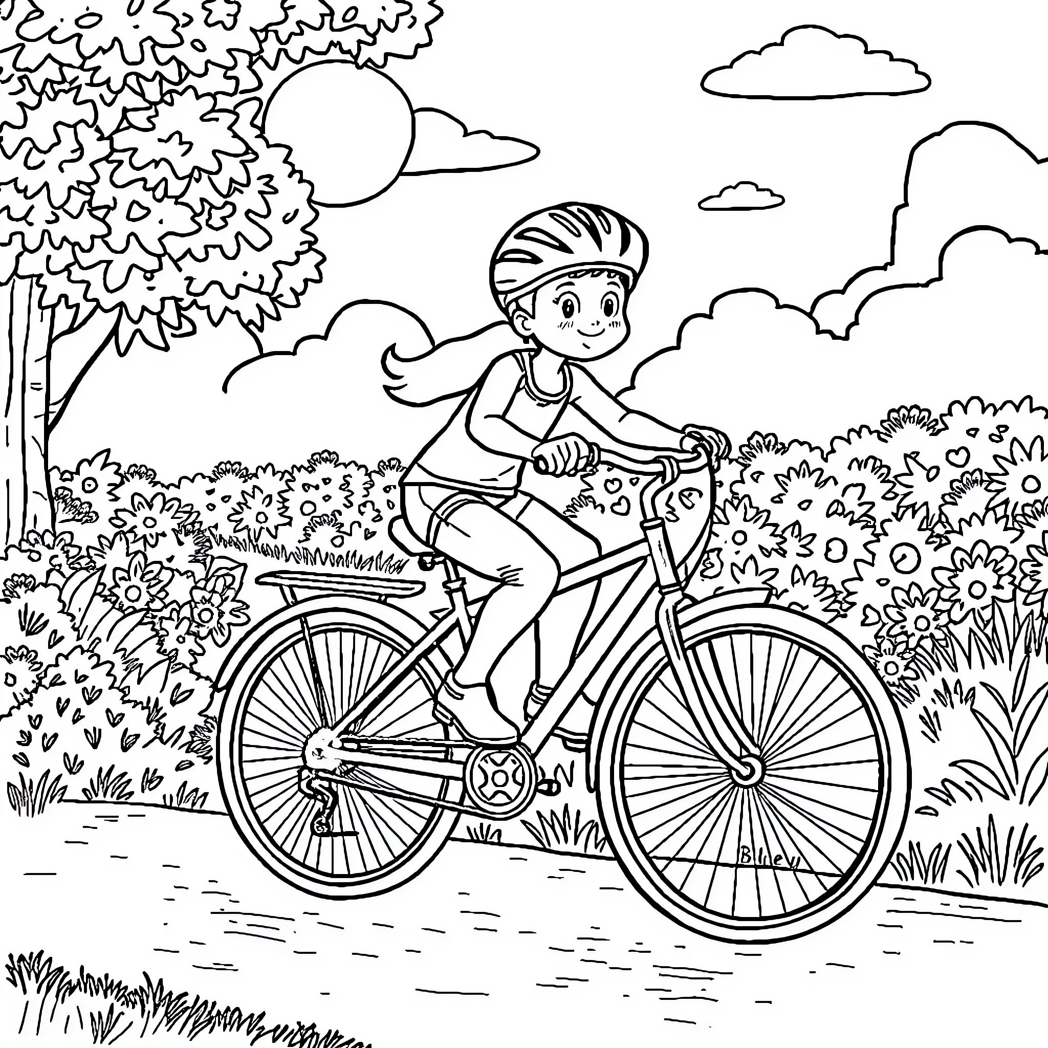 Bluey's Bike Adventure in the Outdoors Coloring Page (free black-and-white line drawing printable PDF for all, from beginners to advanced learners, including children, teens, adults, and seniors)