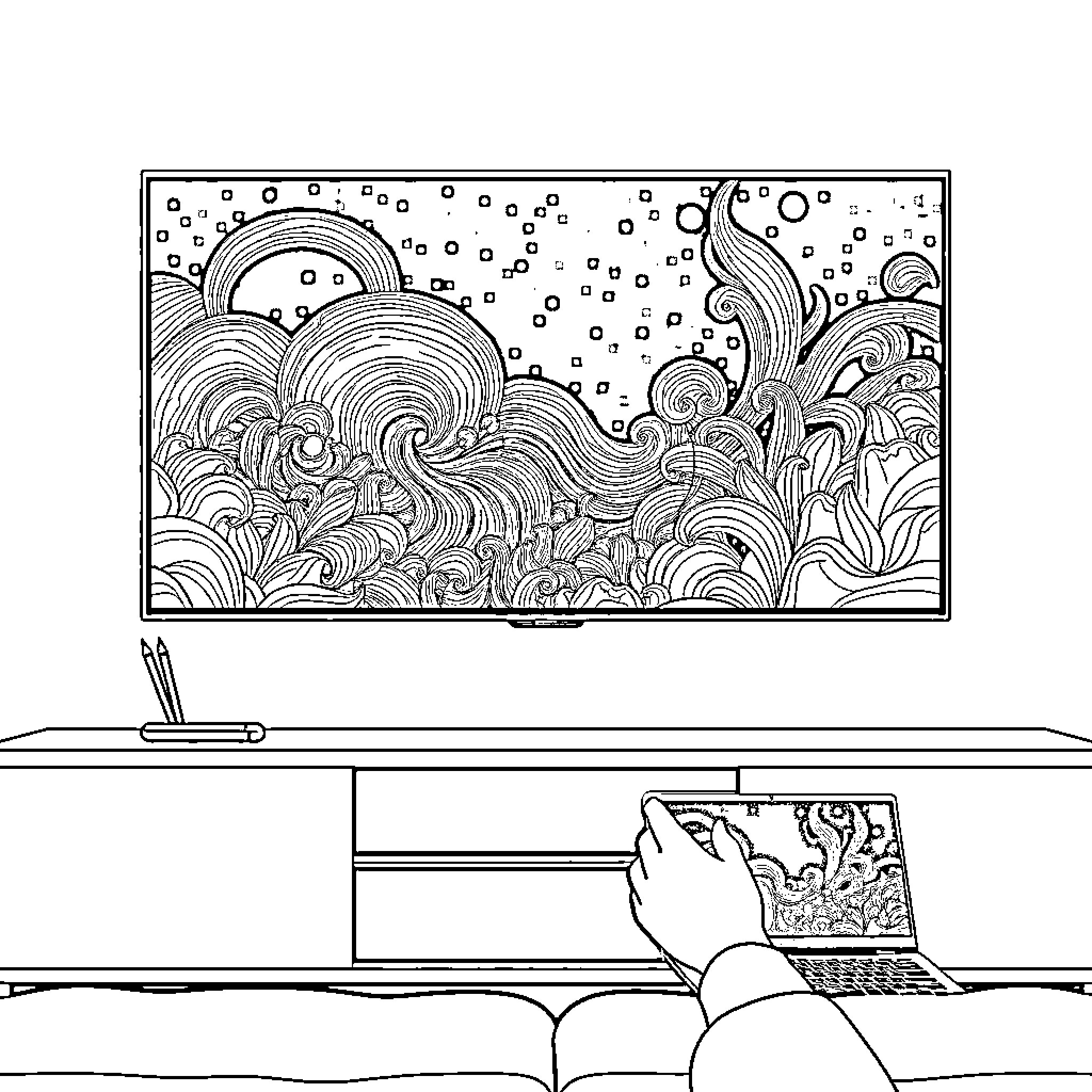Chromebook user exploring an intricate digital landscape Coloring Page (free black-and-white line drawing printable PDF for all, from beginners to advanced learners, including children, teens, adults, and seniors)