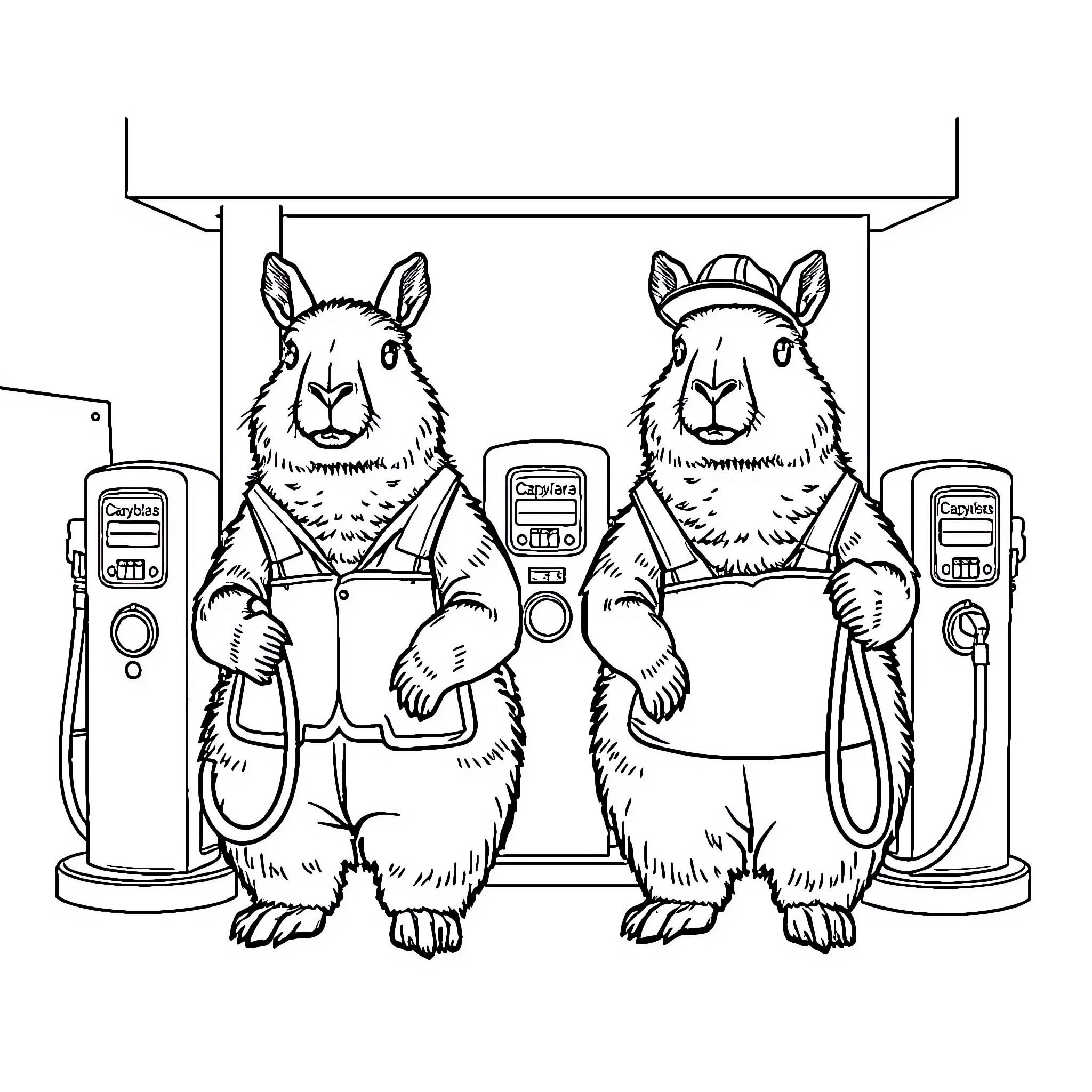 Capybara Fueling Up at Gas Pumps Coloring Page (free black-and-white line drawing printable PDF for all, from beginners to advanced learners, including children, teens, adults, and seniors)