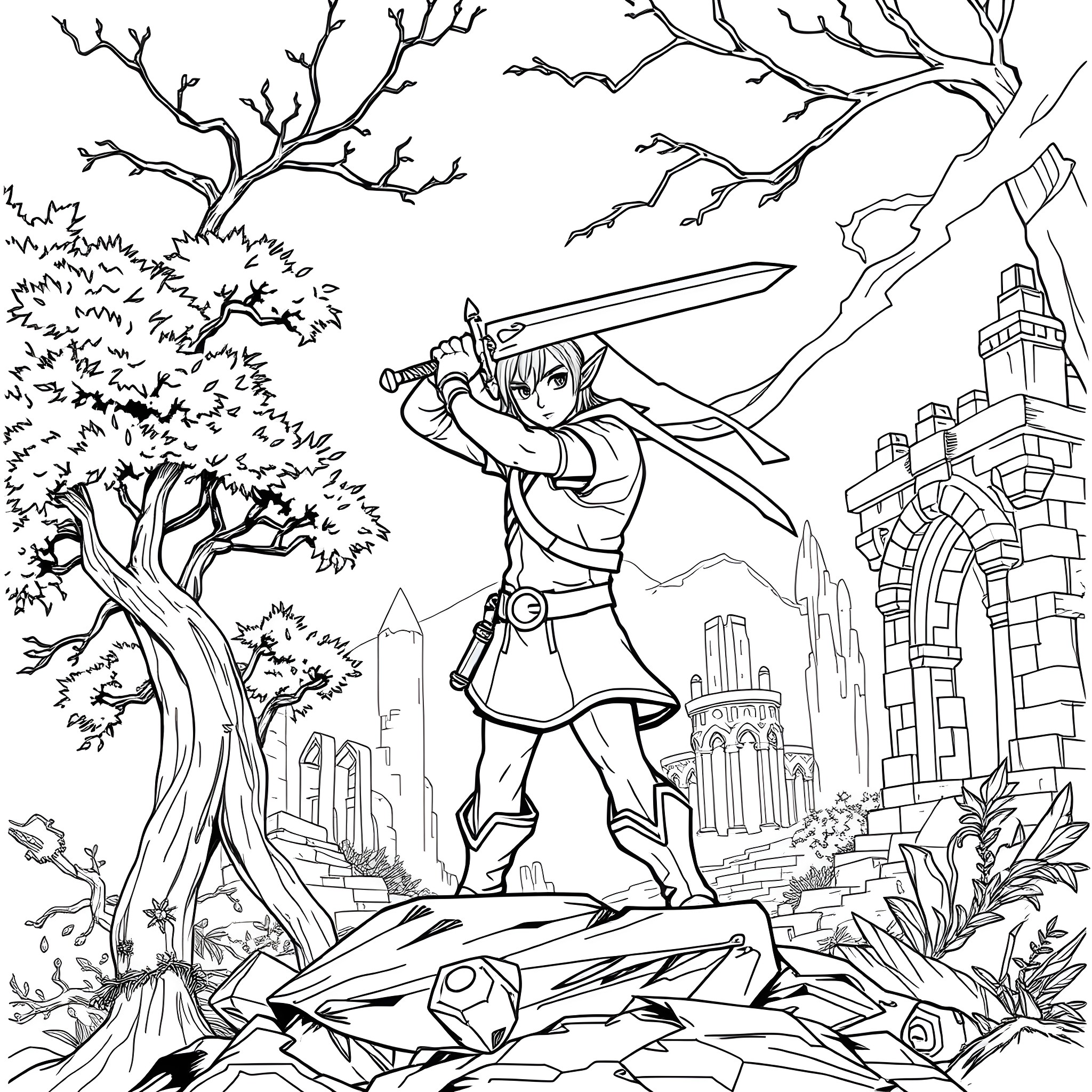 Link wielding sword in fantasy landscape Coloring Page (free black-and-white line drawing printable PDF for all, from beginners to advanced learners, including children, teens, adults, and seniors)
