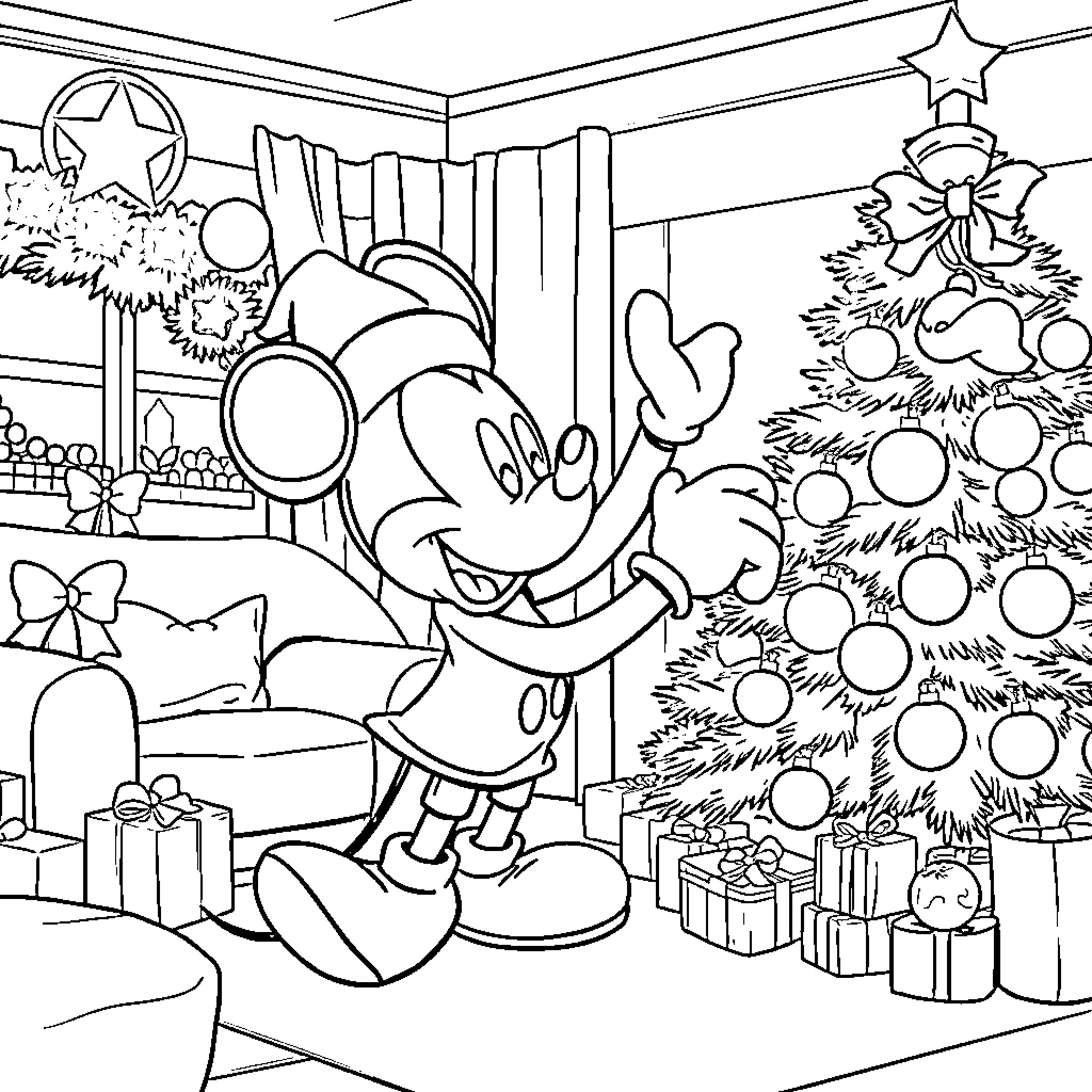 Mickey Mouse decorating Christmas tree in holiday home Coloring Page (free black-and-white line drawing printable PDF for all, from beginners to advanced learners, including children, teens, adults, and seniors)