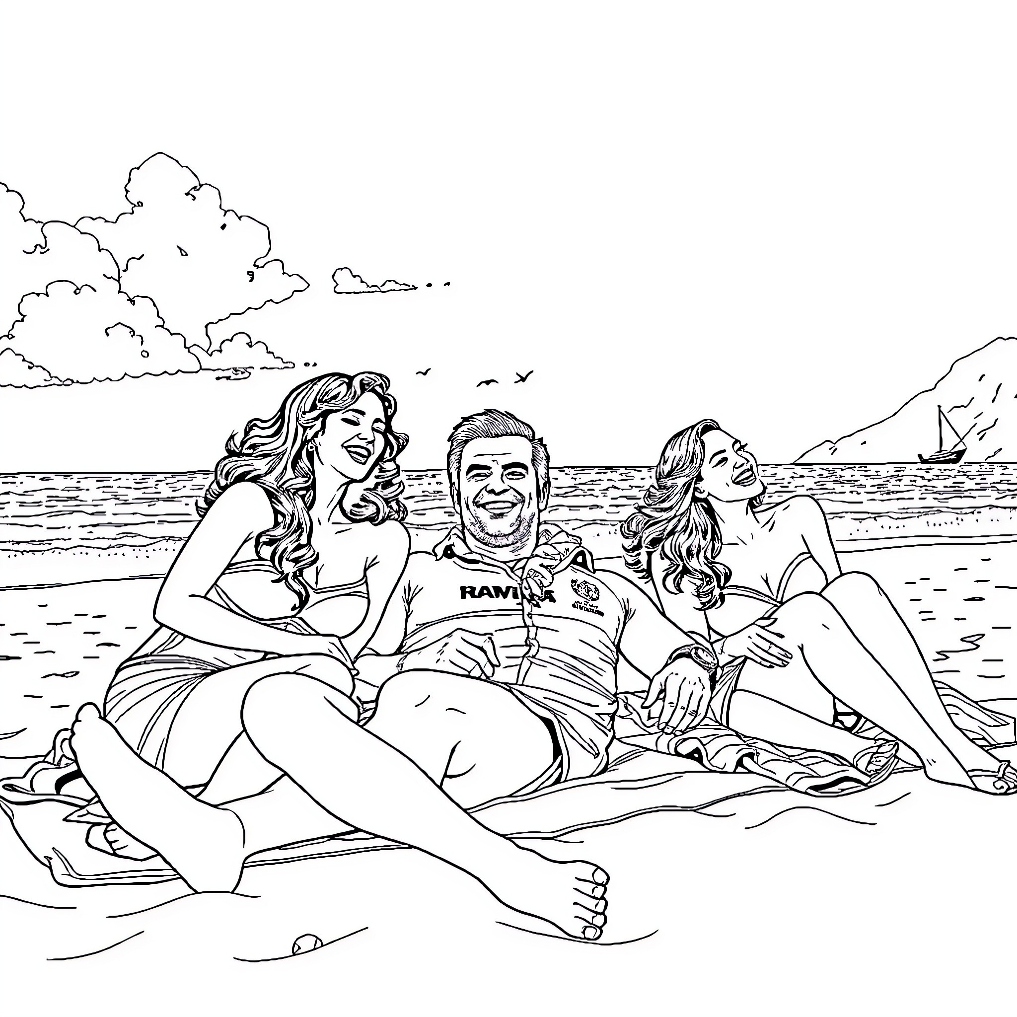 Bruce Wayne relaxing with friends on the beach Coloring Page (free black-and-white line drawing printable PDF for all, from beginners to advanced learners, including children, teens, adults, and seniors)