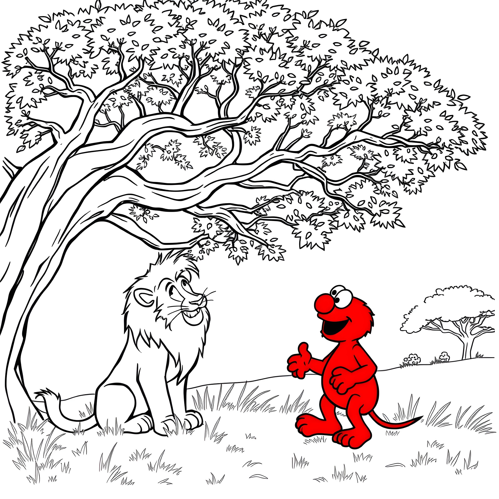 Simba and Elmo explore the savanna Coloring Page (free black-and-white line drawing printable PDF for all, from beginners to advanced learners, including children, teens, adults, and seniors)