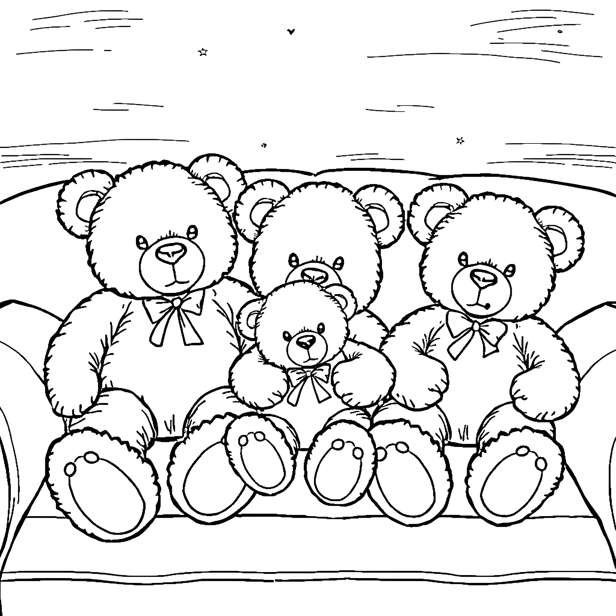 Teddy Bears Cuddling Together in Nature Coloring Page (free black-and-white line drawing printable PDF for all, from beginners to advanced learners, including children, teens, adults, and seniors)