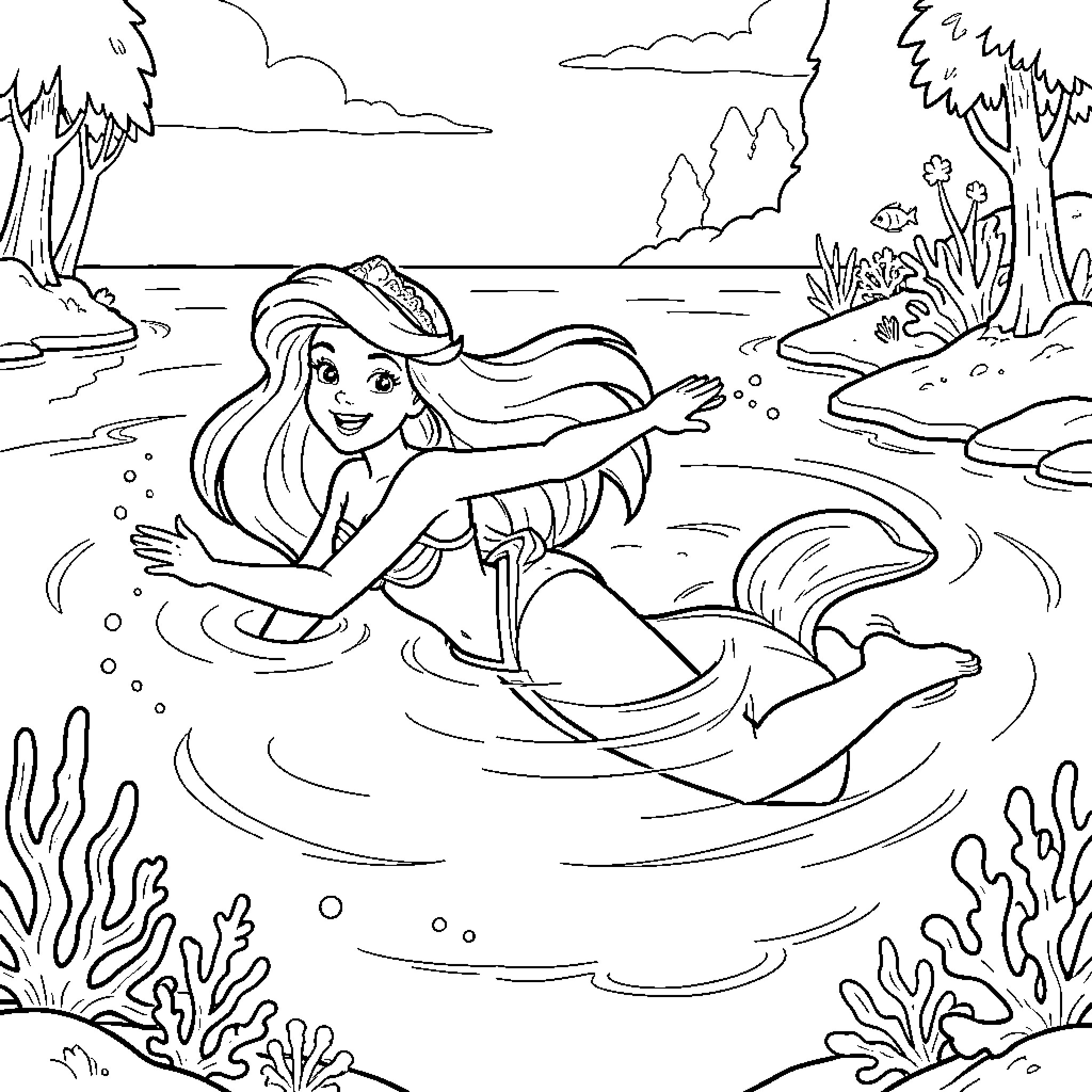 Ariel swimming joyfully in the ocean waves Coloring Page (free black-and-white line drawing printable PDF for all, from beginners to advanced learners, including children, teens, adults, and seniors)