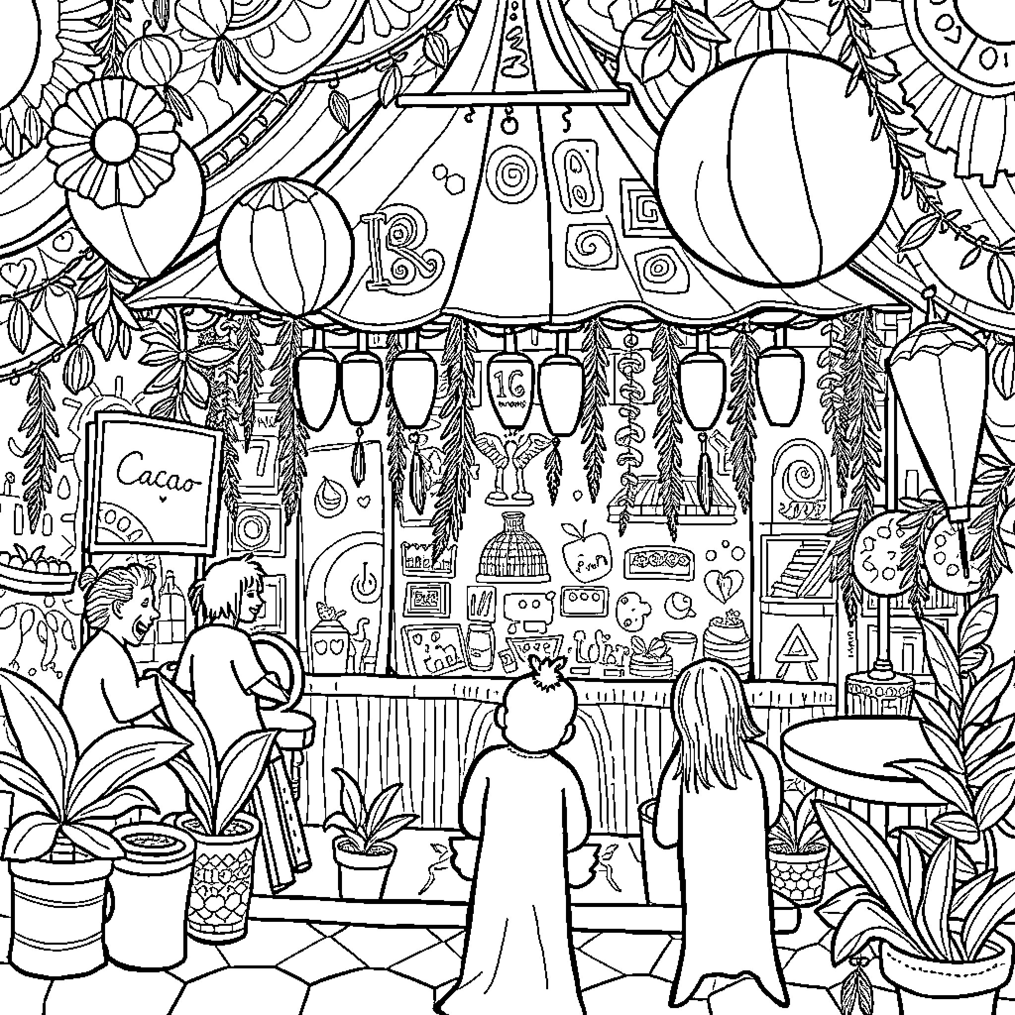 Cocowyo's Vibrant Outdoor Market Adventure Coloring Page (free black-and-white line drawing printable PDF for all, from beginners to advanced learners, including children, teens, adults, and seniors)