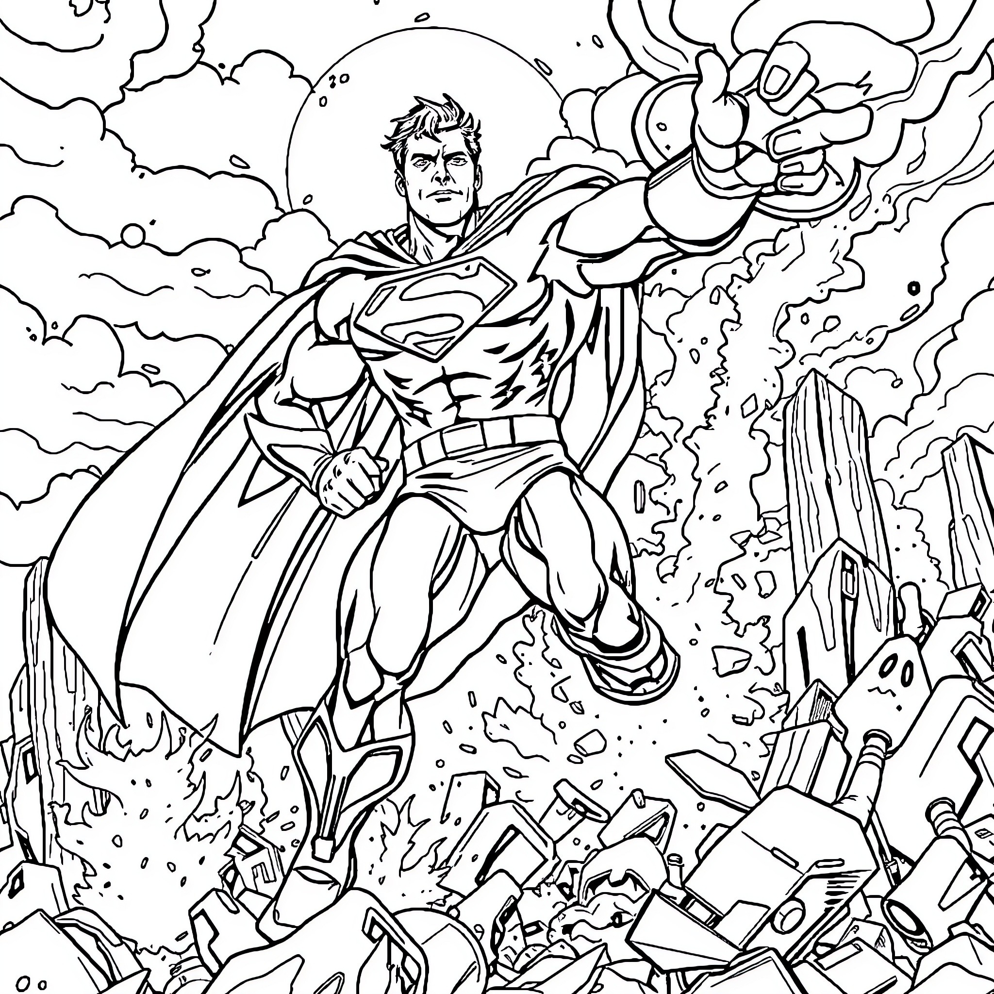 Superman battling through rubble and debris Coloring Page (free black-and-white line drawing printable PDF for all, from beginners to advanced learners, including children, teens, adults, and seniors)