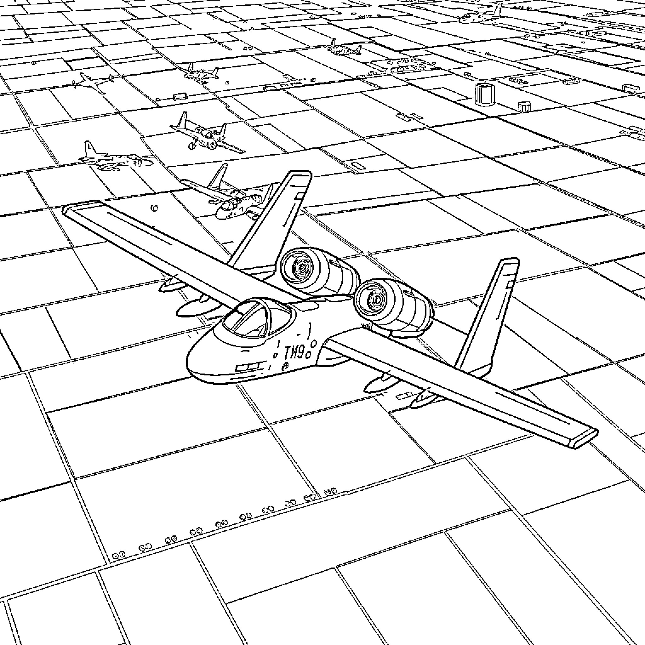 A-10 Aircraft in Flight over Airfield Coloring Page (free black-and-white line drawing printable PDF for all, from beginners to advanced learners, including children, teens, adults, and seniors)