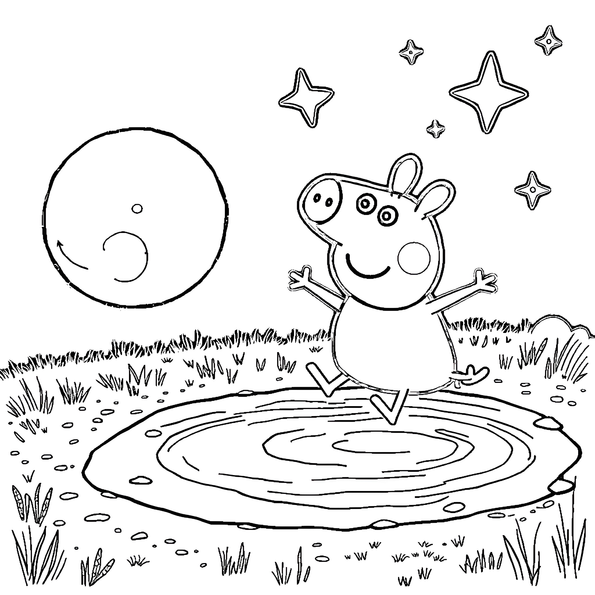 Peppa Pig jumping into a puddle on a grassy field Coloring Page (free black-and-white line drawing printable PDF for all, from beginners to advanced learners, including children, teens, adults, and seniors)